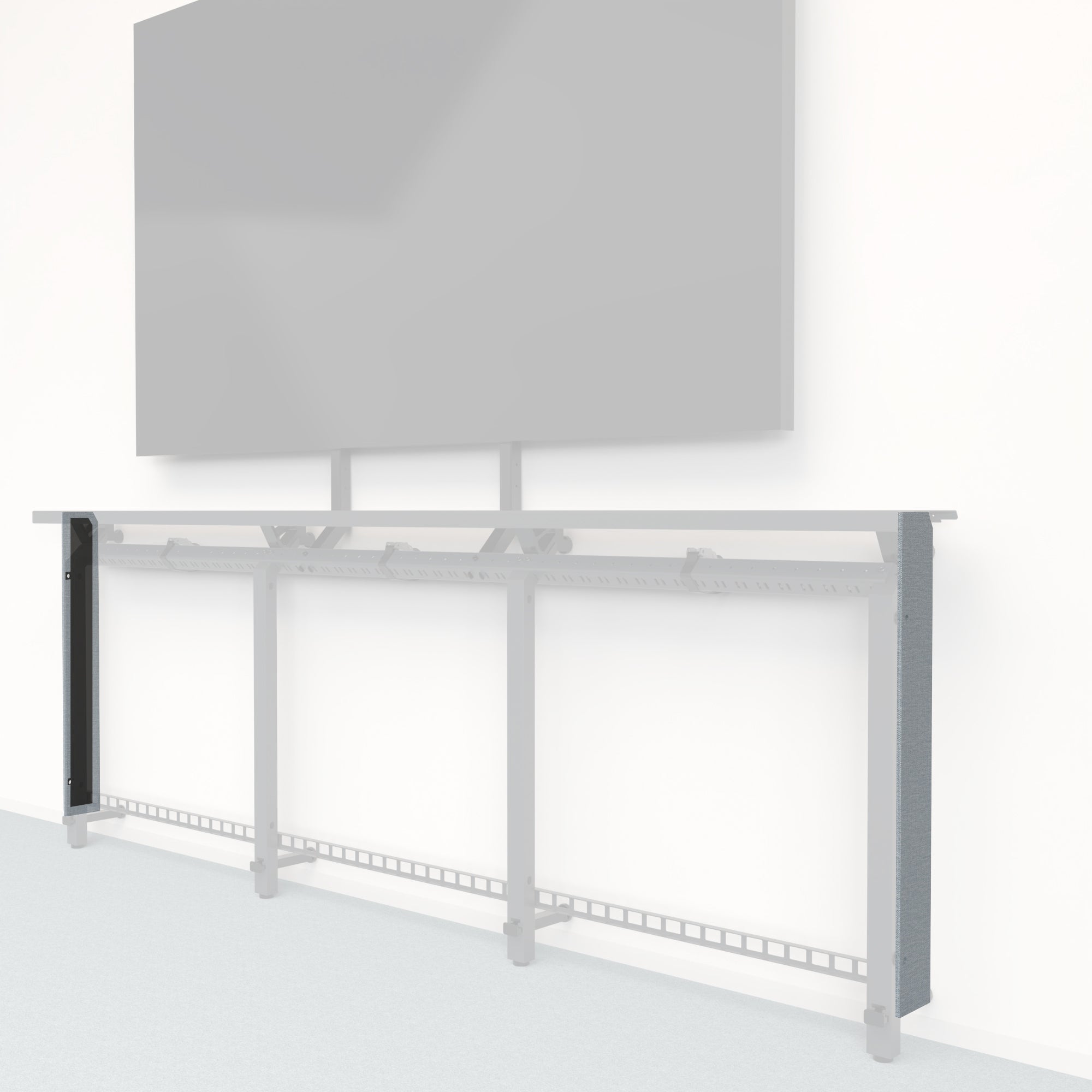 Heckler Framework Tall End Cap in Blue Maharam textile — modular textile-wrapped muted blue end panel for the Heckler Framework AV wall system.