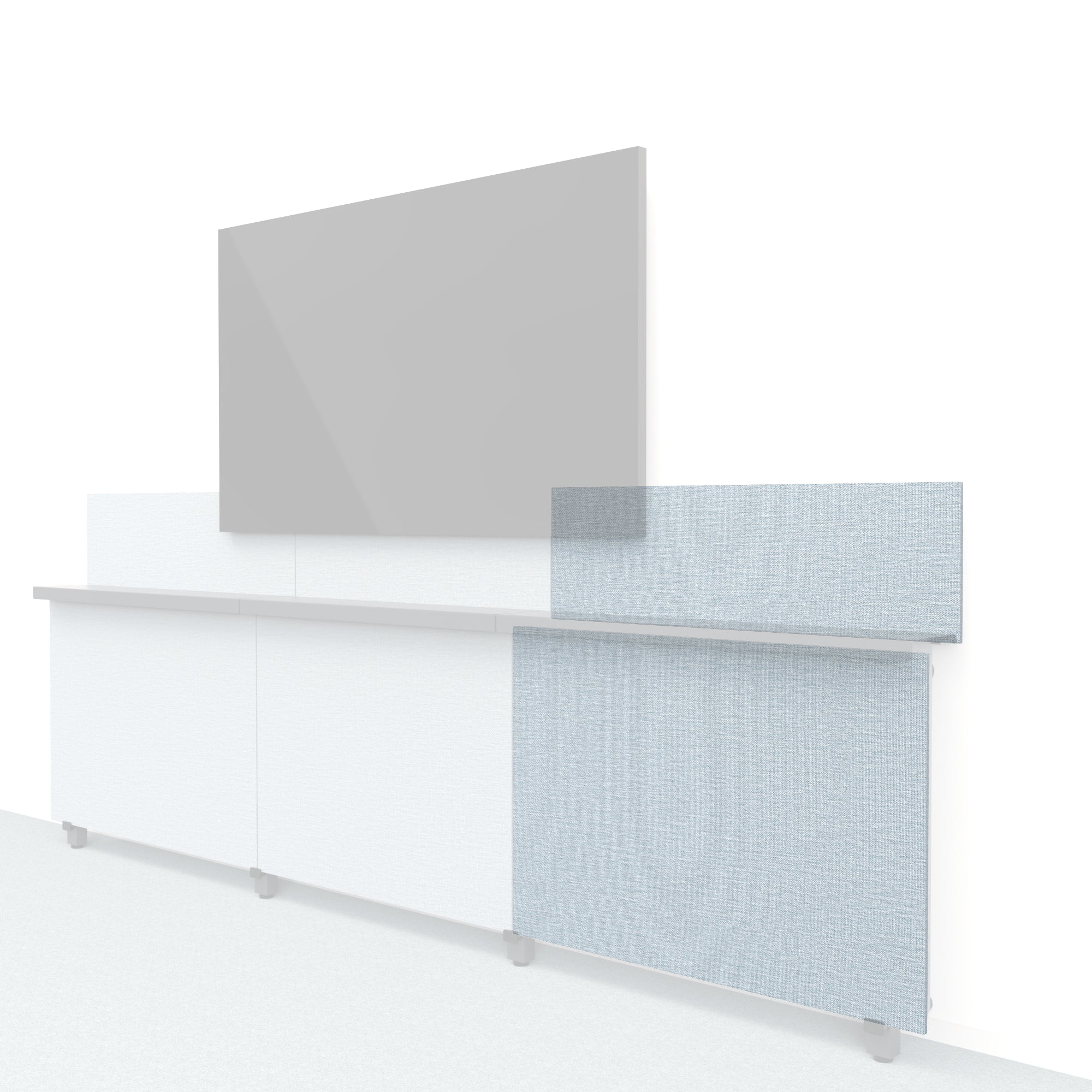 Heckler Framework Short Outer Panel & Backsplash in Blue Maharam textile — modular textile-wrapped muted blue AV wall panel for the Heckler Framework system.