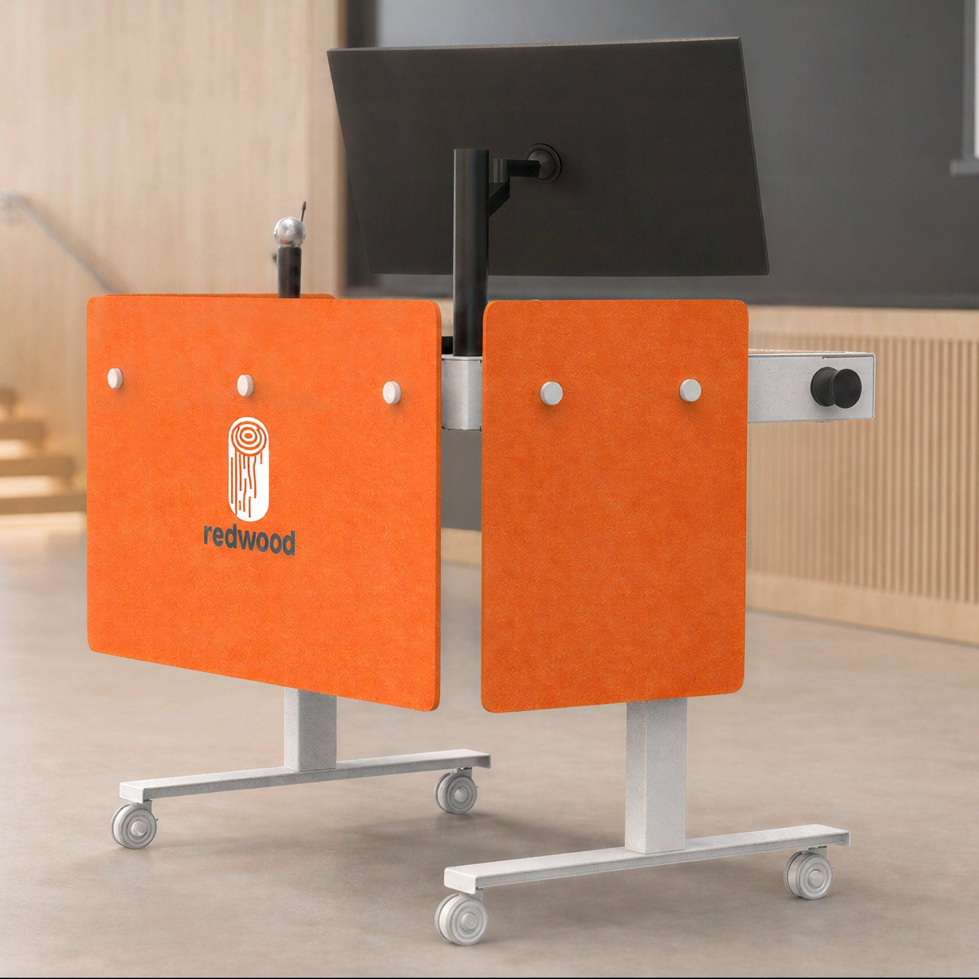 Standard Modesty Panel Set for Heckler Lectern 4U installed with front logo panel.