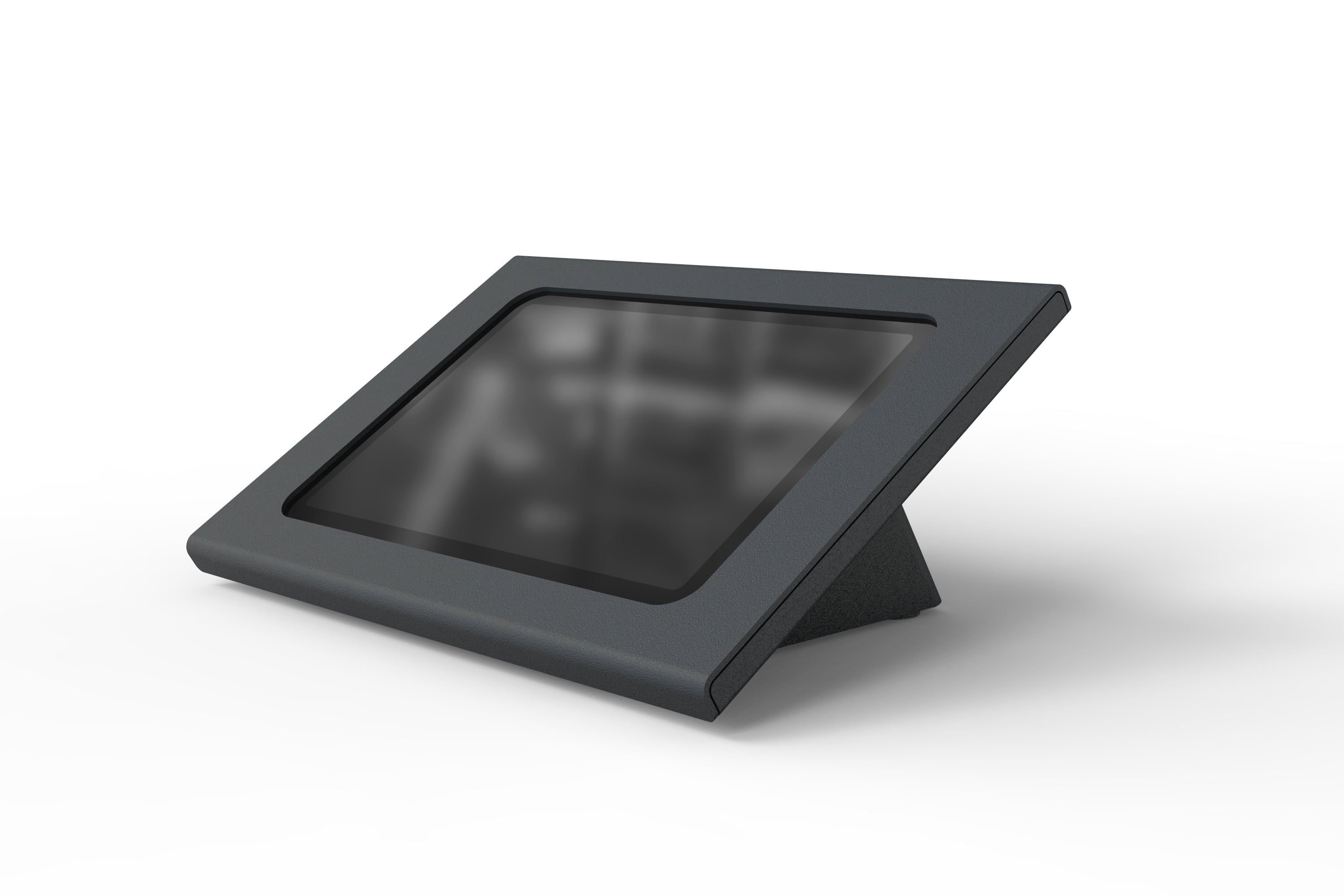 Heckler Zoom Rooms Console for iPad mini, three-quarter view showing steel construction and powder coat finish