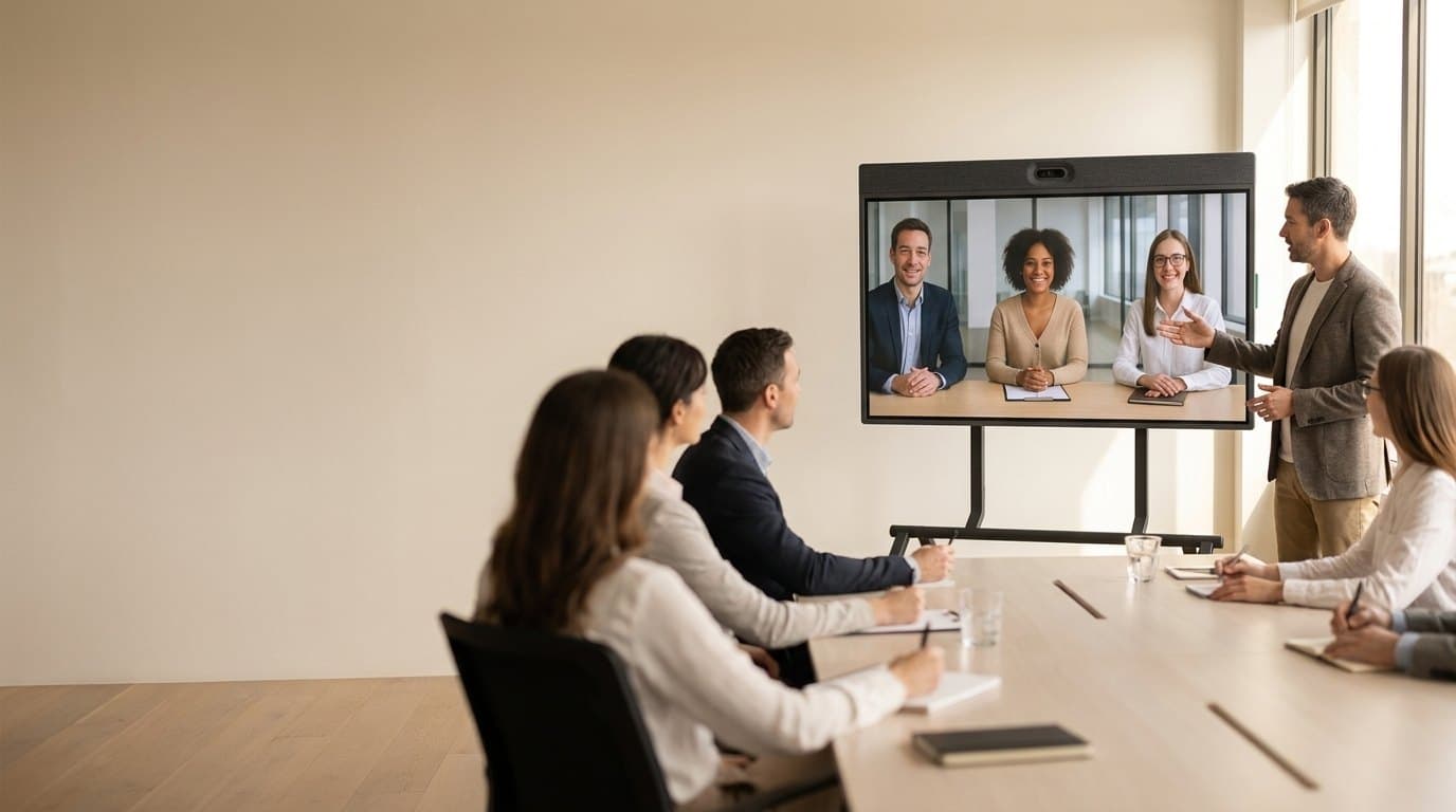 A Rally Board 65 on a Heckler Stand during a hybrid meeting.