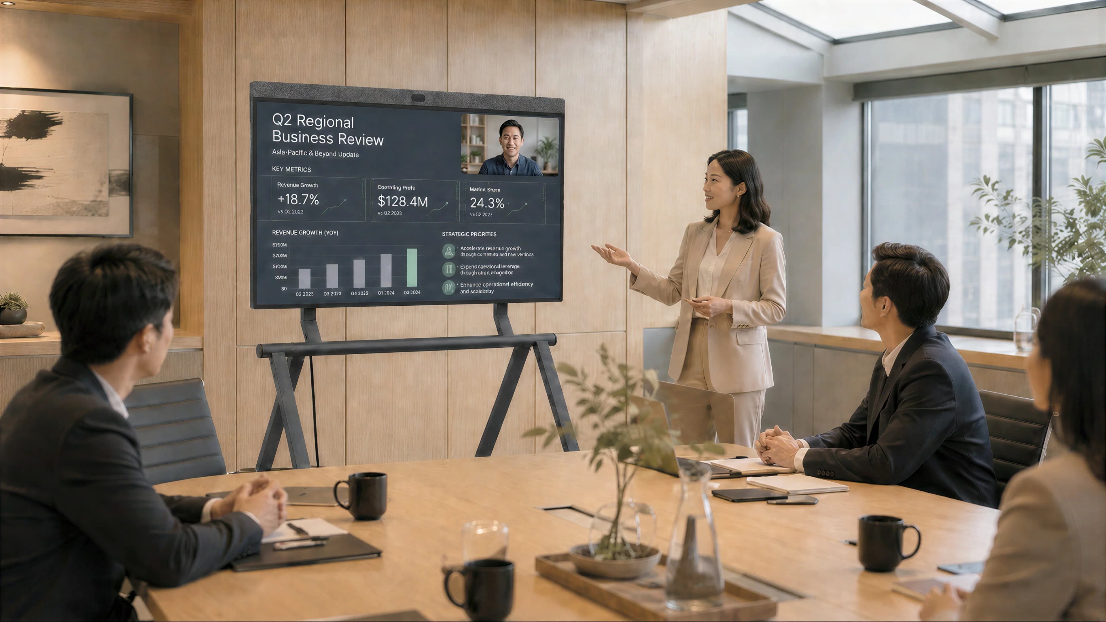 Neat Board Pro on a Heckler Stand during a meeting room presentation.