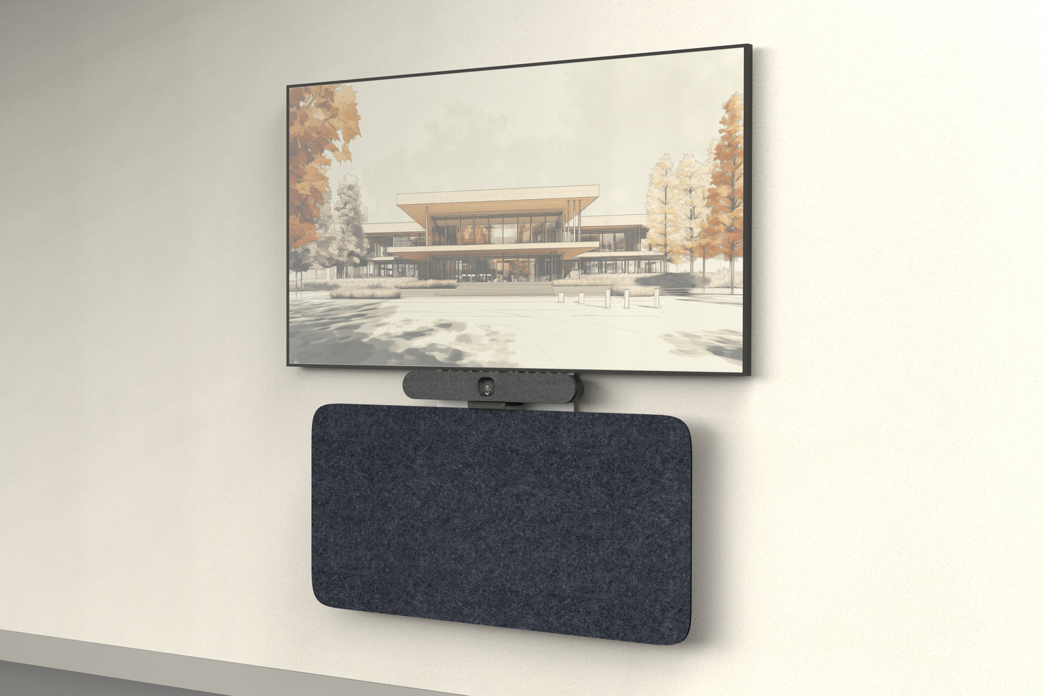 Heckler Credenza Neo wall-mounted in charcoal acoustic felt below a conference room display and video bar — angled view of the AV credenza in a modern office.