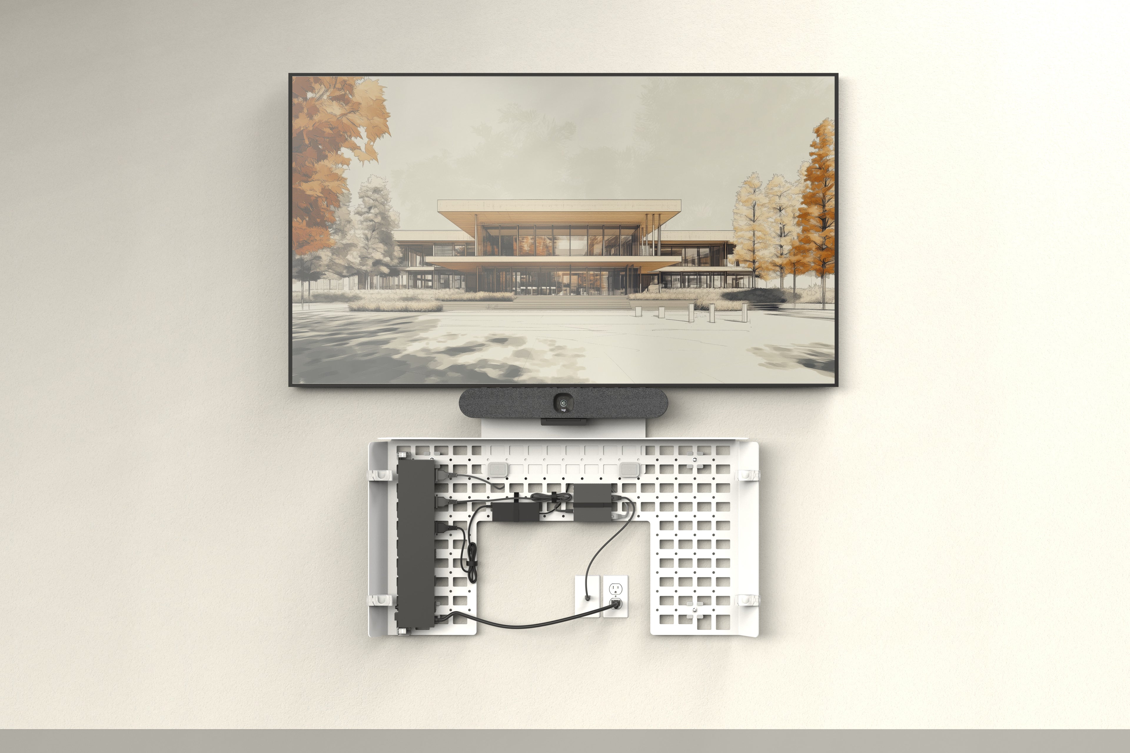 Inside view of Heckler Credenza Neo with cover removed, showing the Heckler Grid mounting chassis that conceals AV components, cables, and a wall outlet.