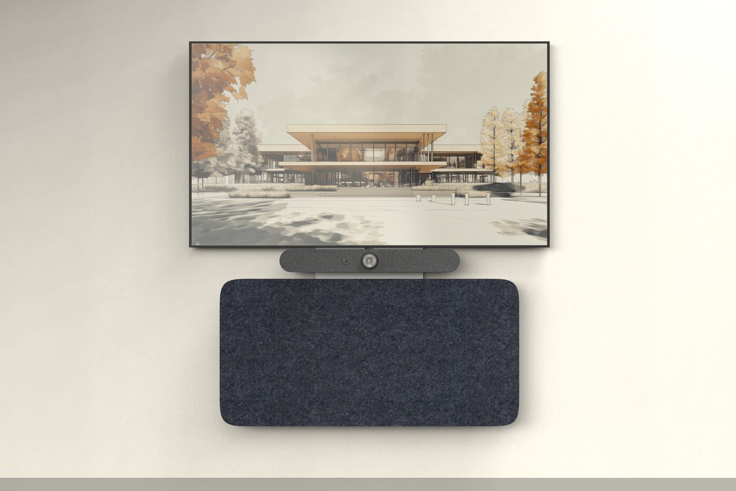 Heckler Credenza Neo in charcoal felt below a wall-mounted conference room display with a video bar — concealing AV equipment in a modern meeting space.