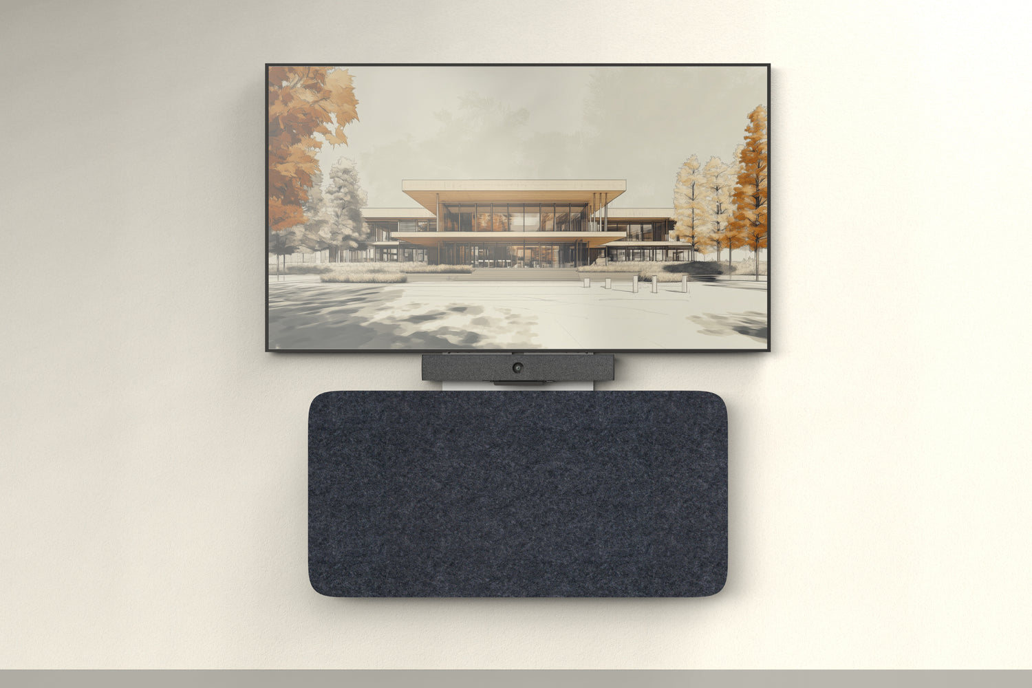 Wall-mounted Heckler Credenza Neo in charcoal felt with a compact video bar on top, beneath a conference room display.