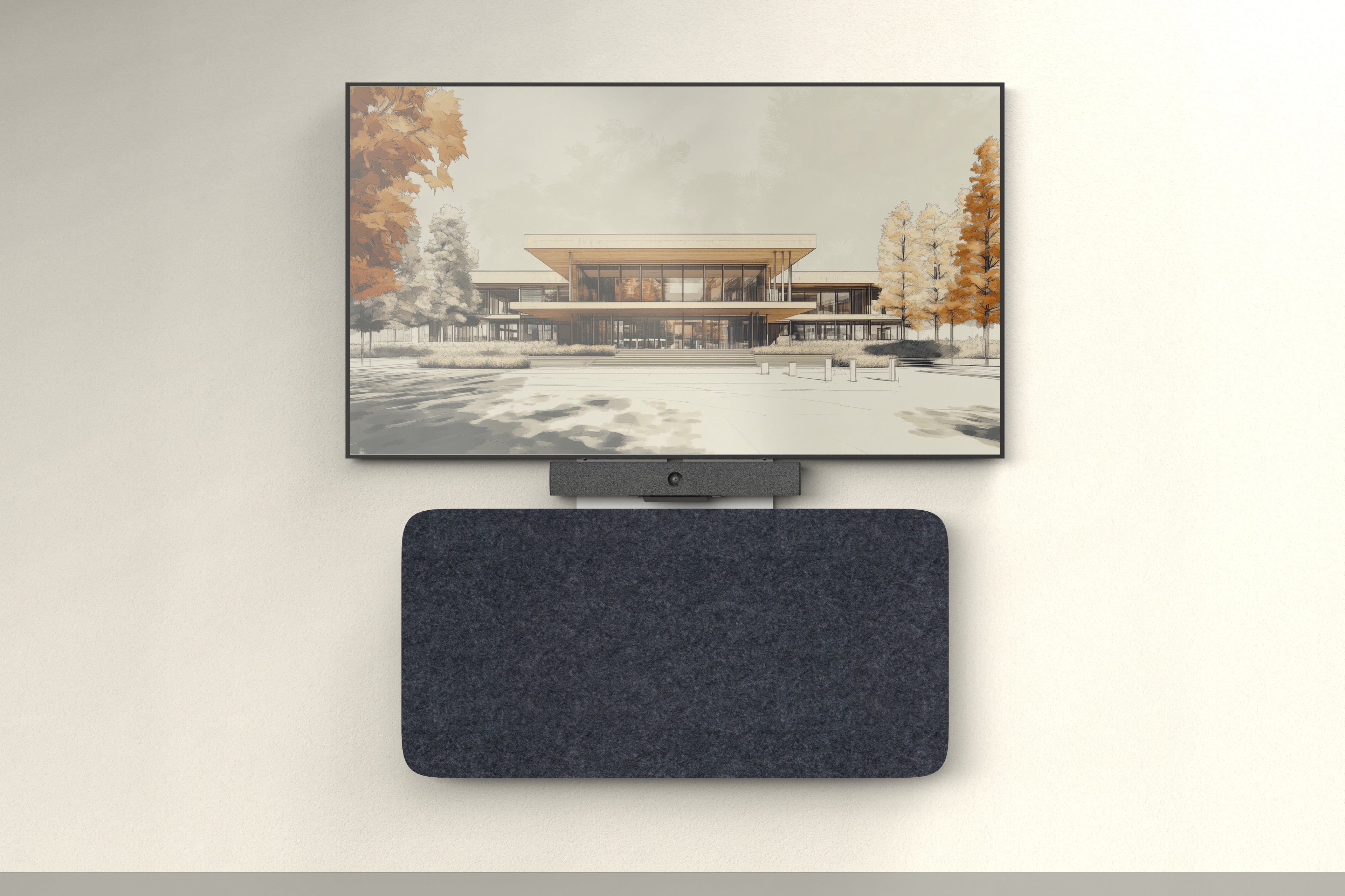 Wall-mounted Heckler Credenza Neo in charcoal felt with a compact video bar on top, beneath a conference room display.