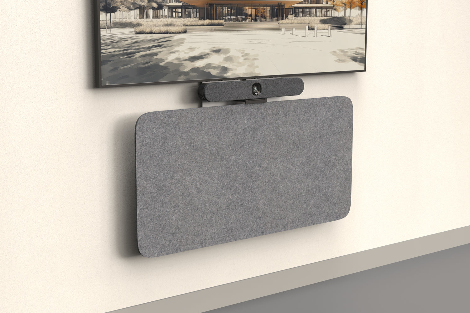 Heckler Credenza Neo in gray acoustic felt, angled view beneath a wall-mounted display and video bar — slim wall-mounted AV credenza for offices and meeting rooms.