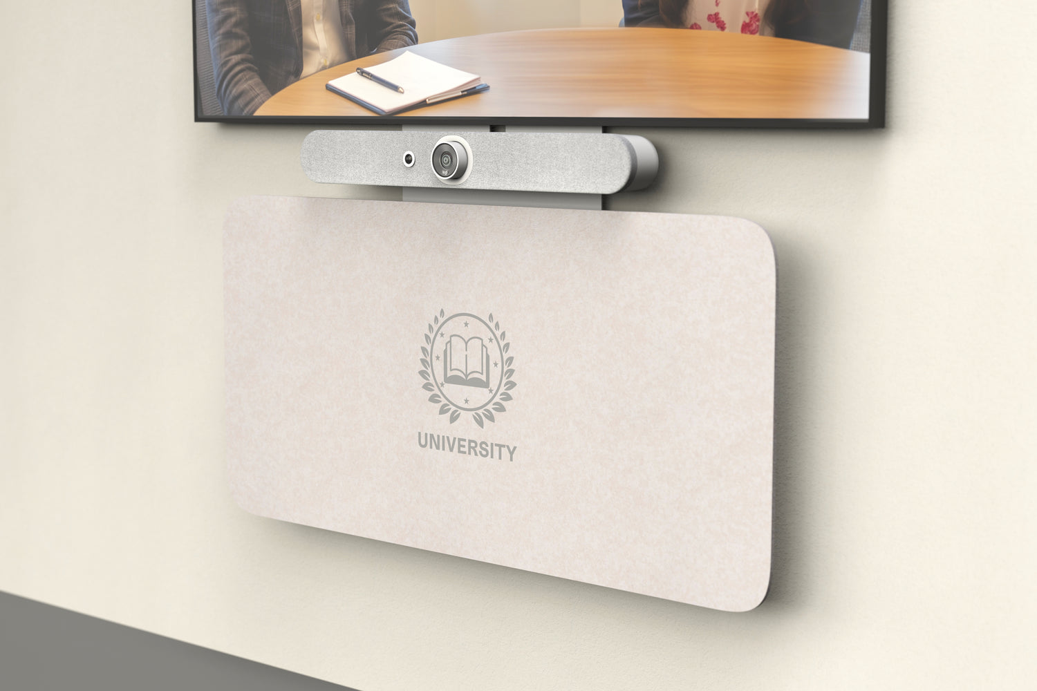 Heckler Credenza Neo with a custom university crest logo on ivory felt, mounted below a video conference display and camera bar.