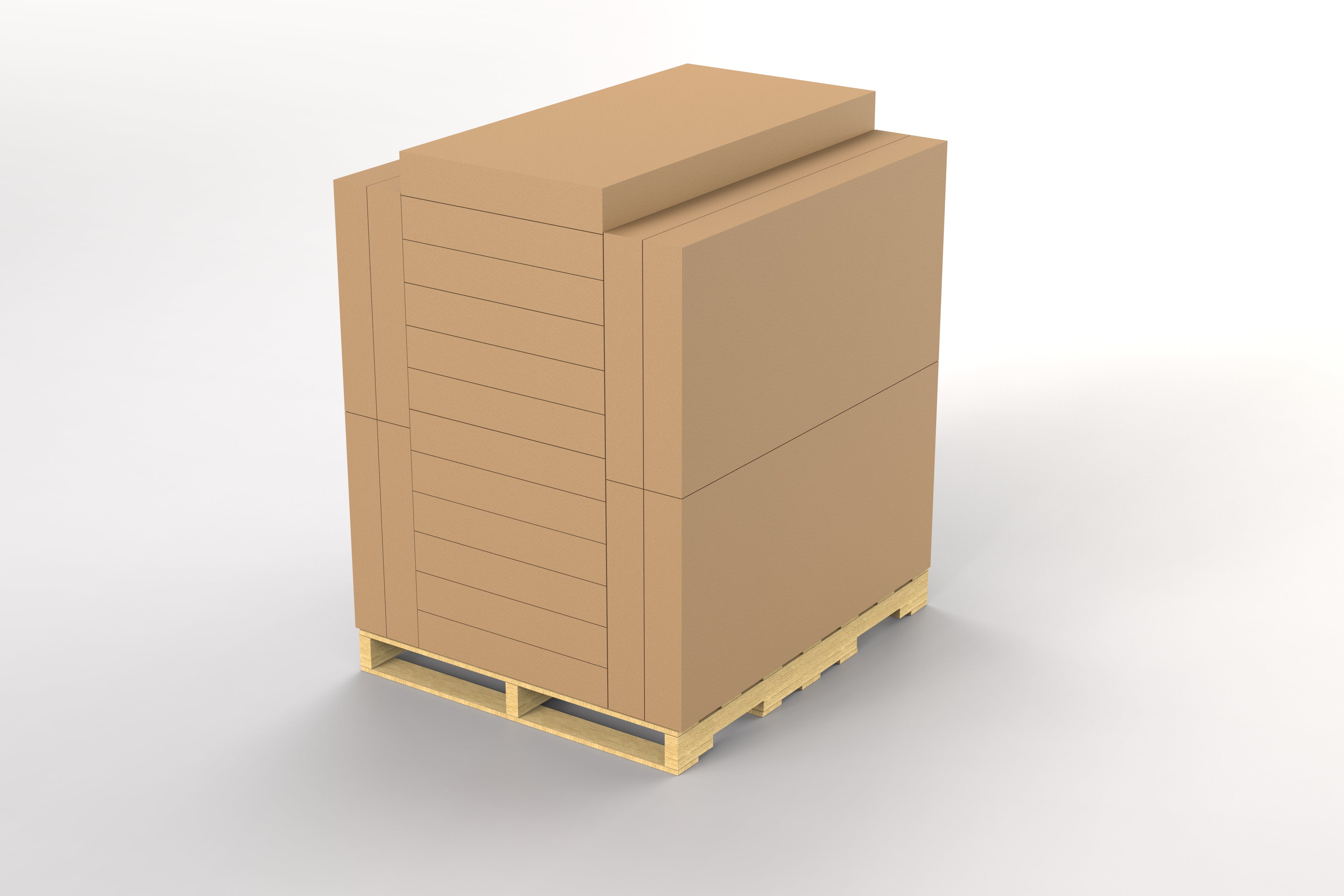Heckler Credenza Neo on a wooden pallet in protective cardboard packaging, prepared for shipment to an AV installation site.