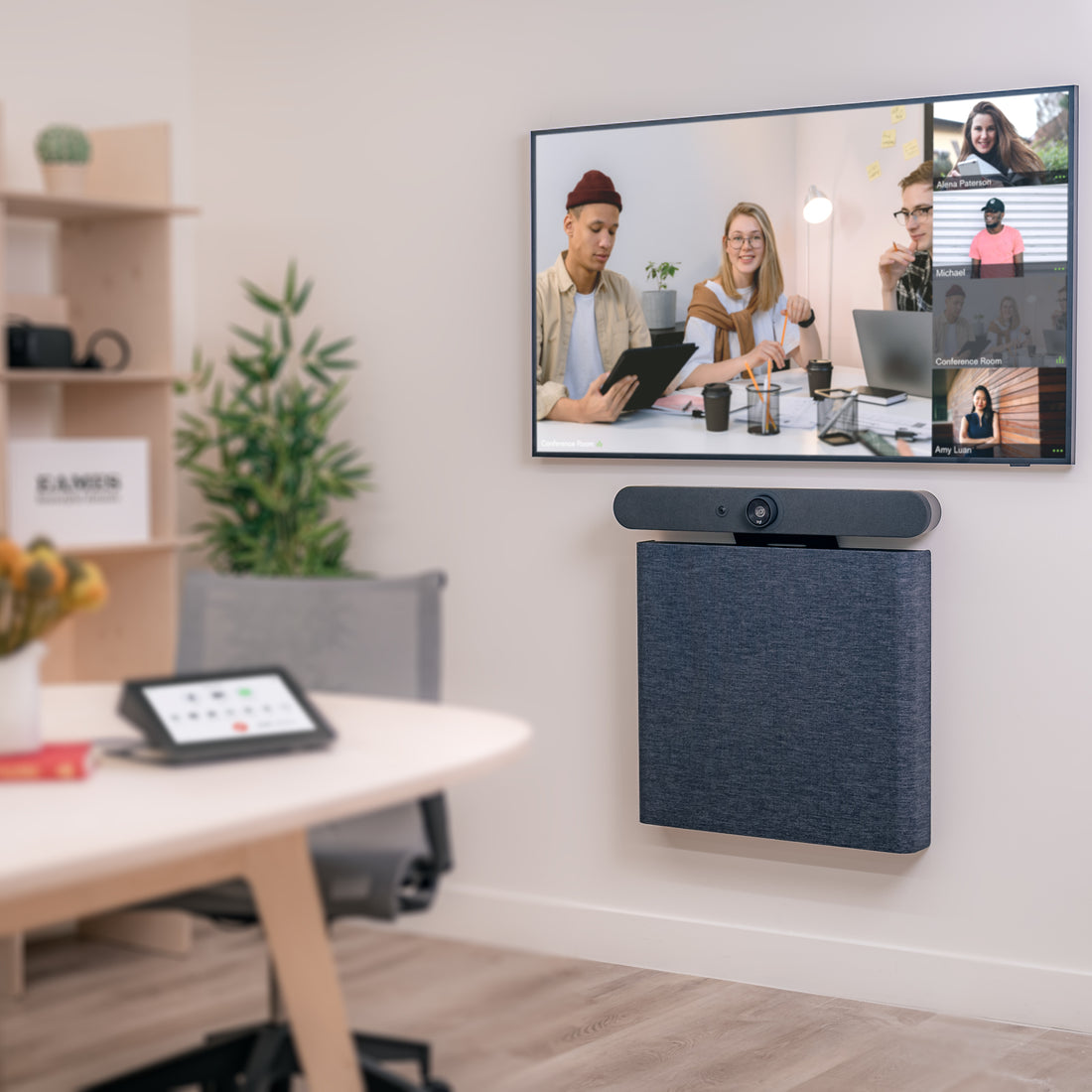 Heckler AV Credenza Mini in Black Grey mounted on conference room wall