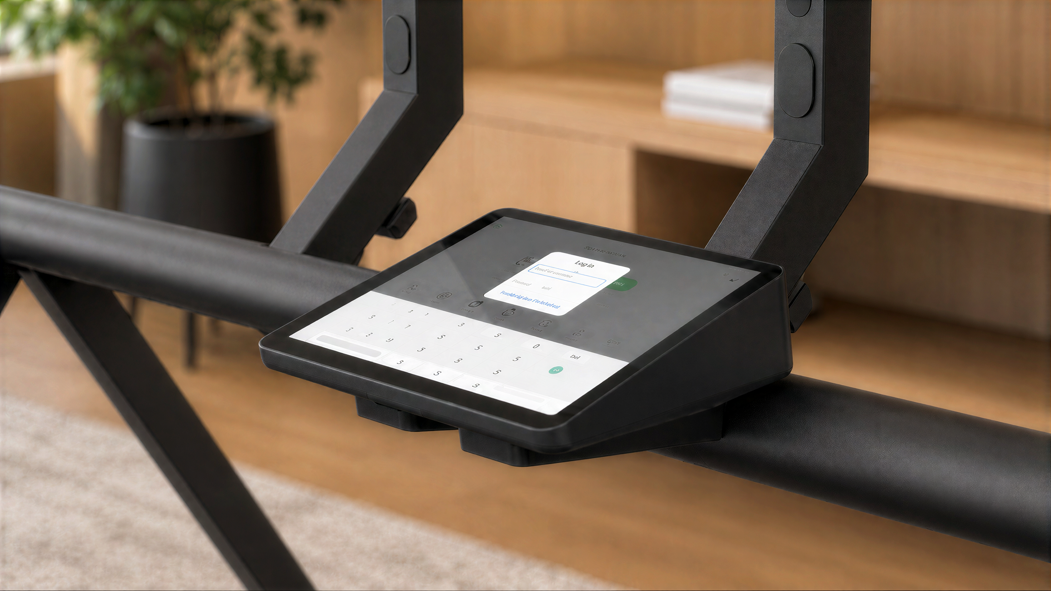 Logitech Tap Shelf for Heckler Mobile Fleet installed on a mobile display stand.