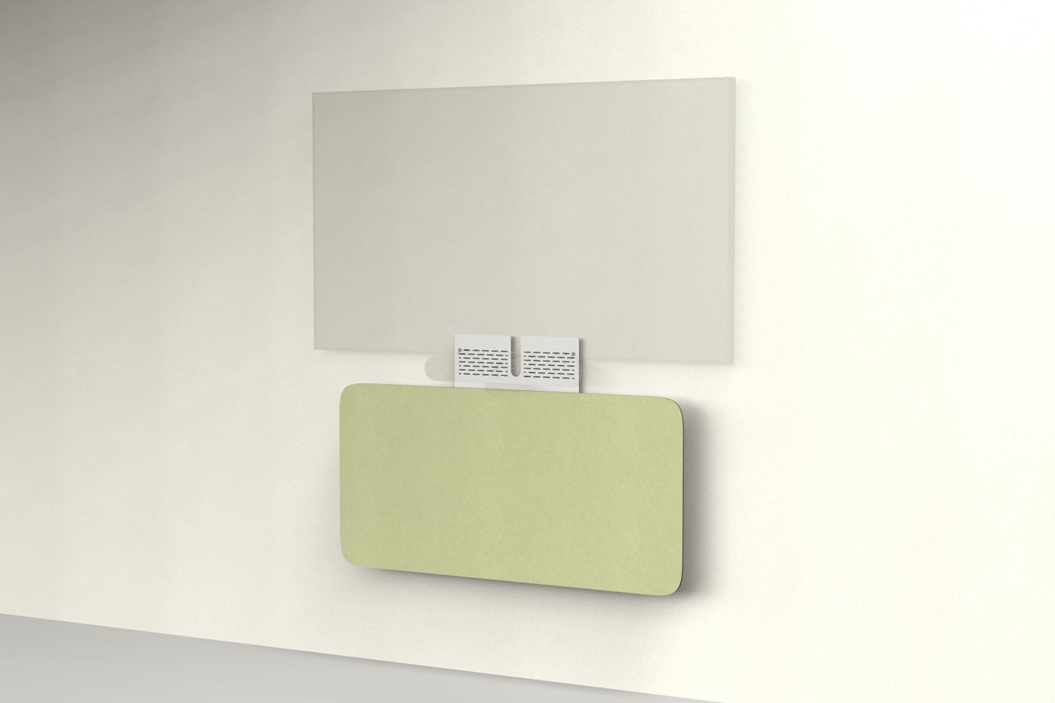 Heckler Credenza Neo in Aloe — wall-mounted AV credenza with aloe green acoustic felt panel concealing components below a display.