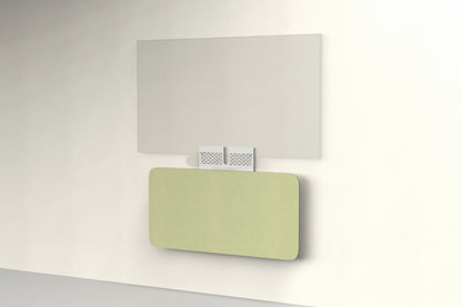 Heckler Credenza Neo in Aloe — wall-mounted AV credenza with aloe green acoustic felt panel concealing components below a display.