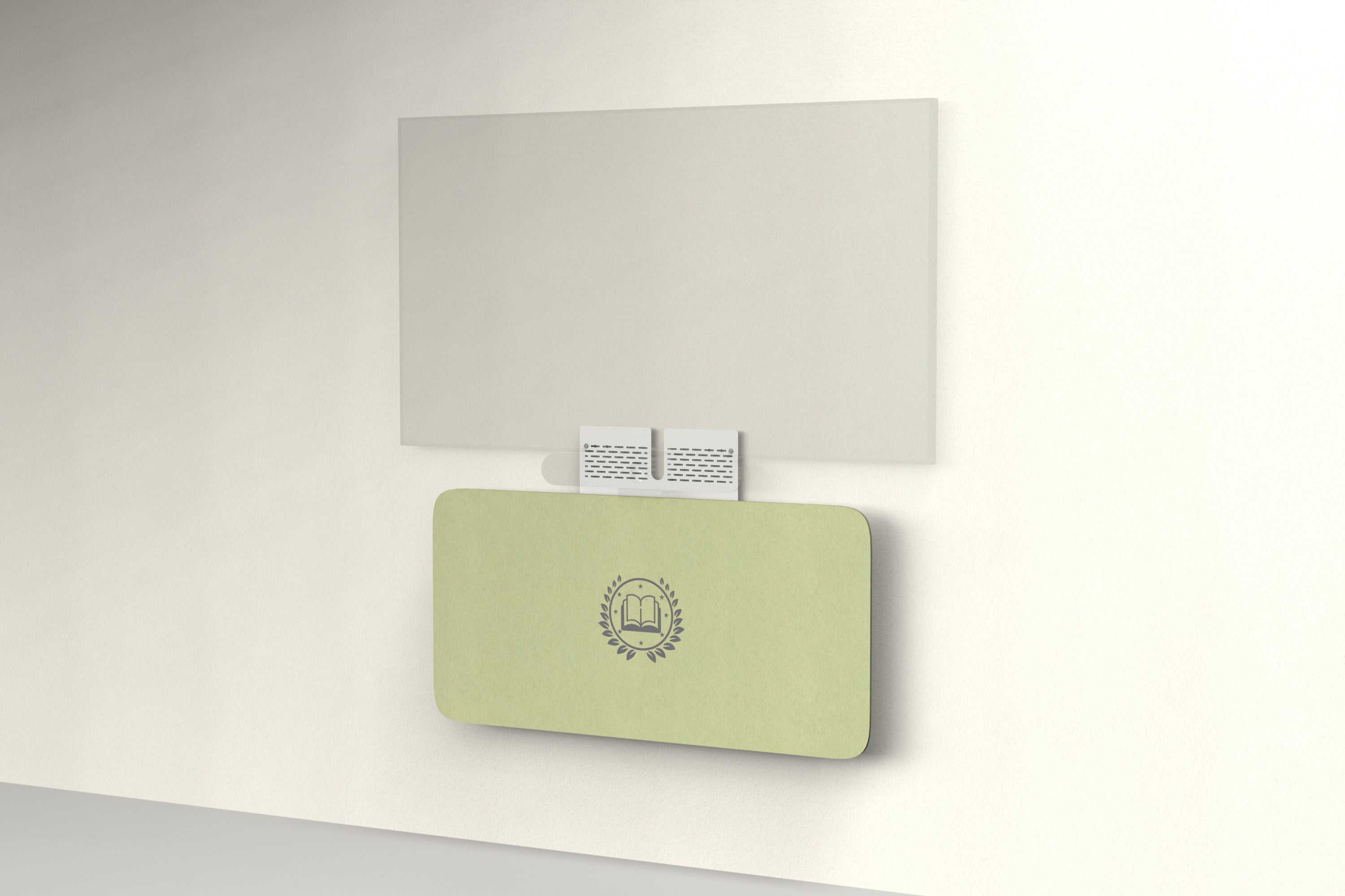 Heckler Credenza Neo in Aloe with custom logo — wall-mounted AV credenza with branded aloe green acoustic felt panel concealing components below a display.