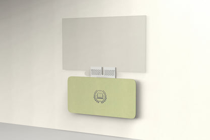 Heckler Credenza Neo in Aloe with custom logo — wall-mounted AV credenza with branded aloe green acoustic felt panel concealing components below a display.