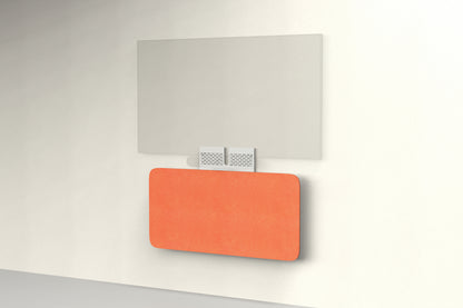 Heckler Credenza Neo in Aries — wall-mounted AV credenza with aries red acoustic felt panel concealing components below a display.