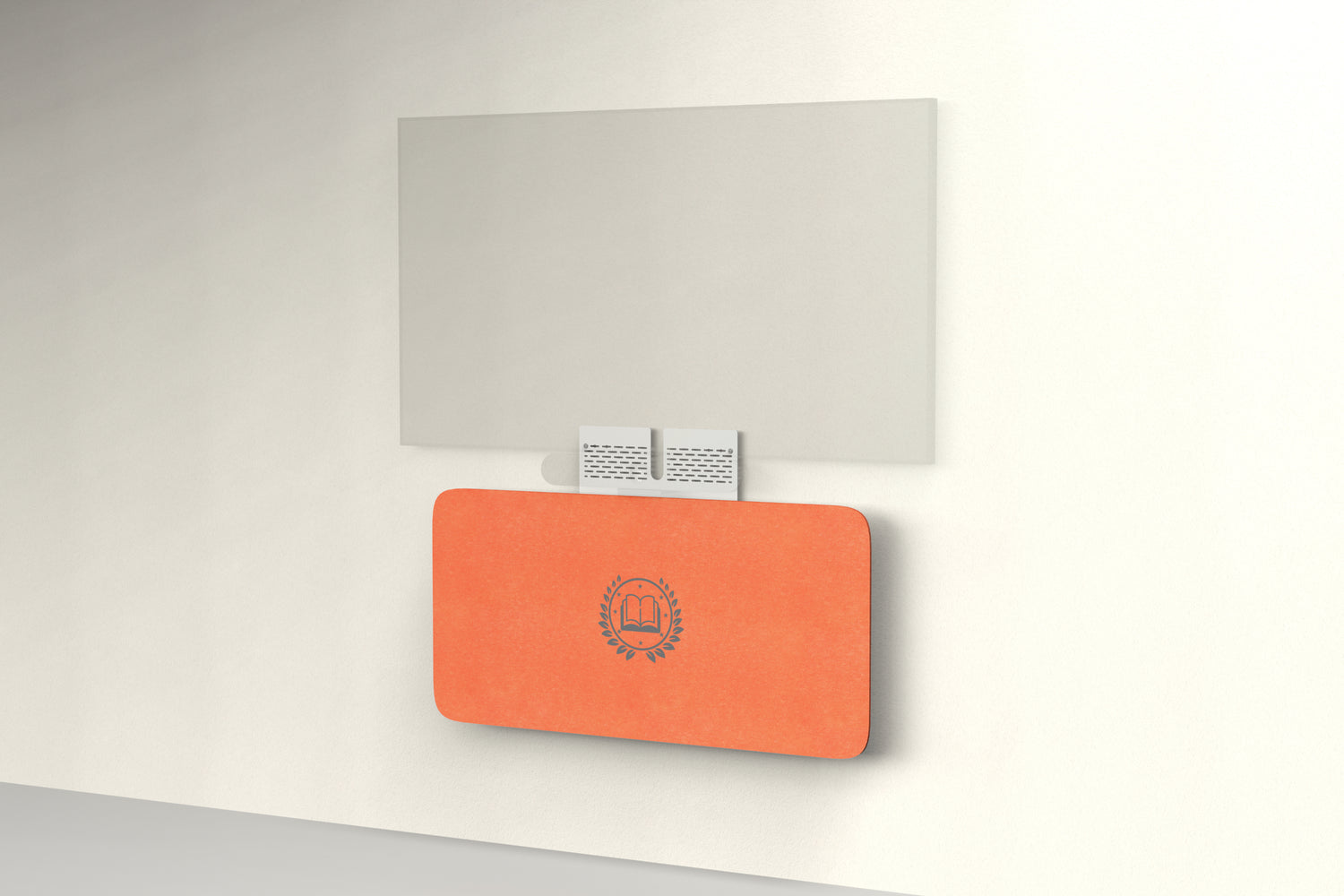 Heckler Credenza Neo in Aries with custom logo — wall-mounted AV credenza with branded aries red acoustic felt panel concealing components below a display.