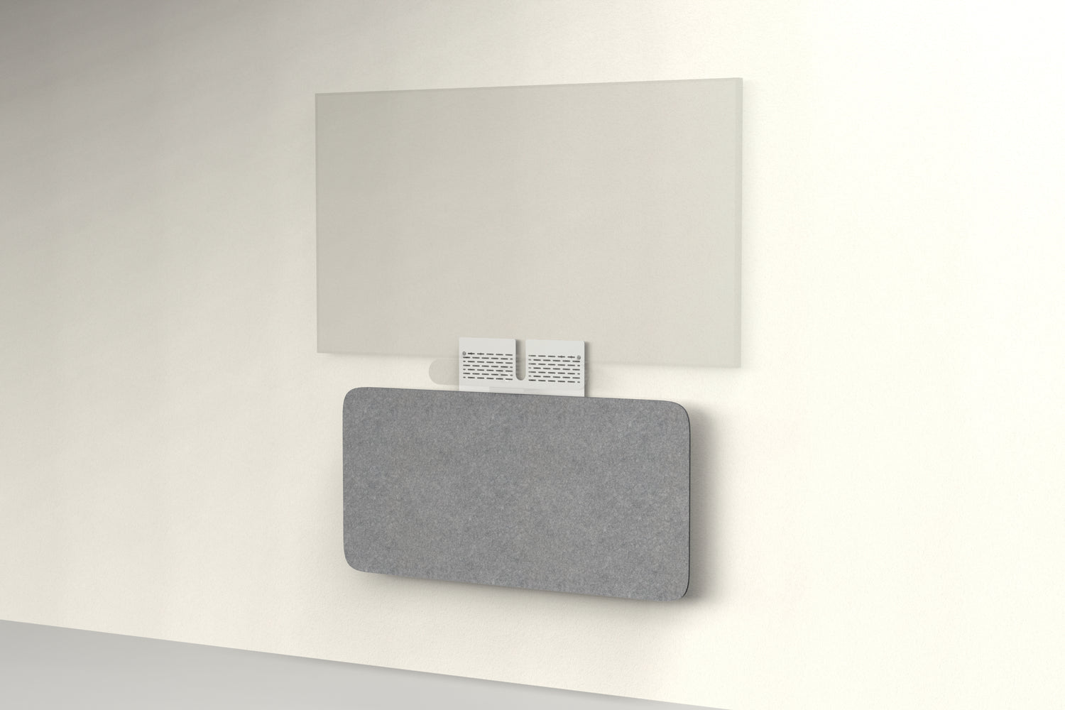 Heckler Credenza Neo in Armor — wall-mounted AV credenza with charcoal gray acoustic felt panel concealing components below a display.