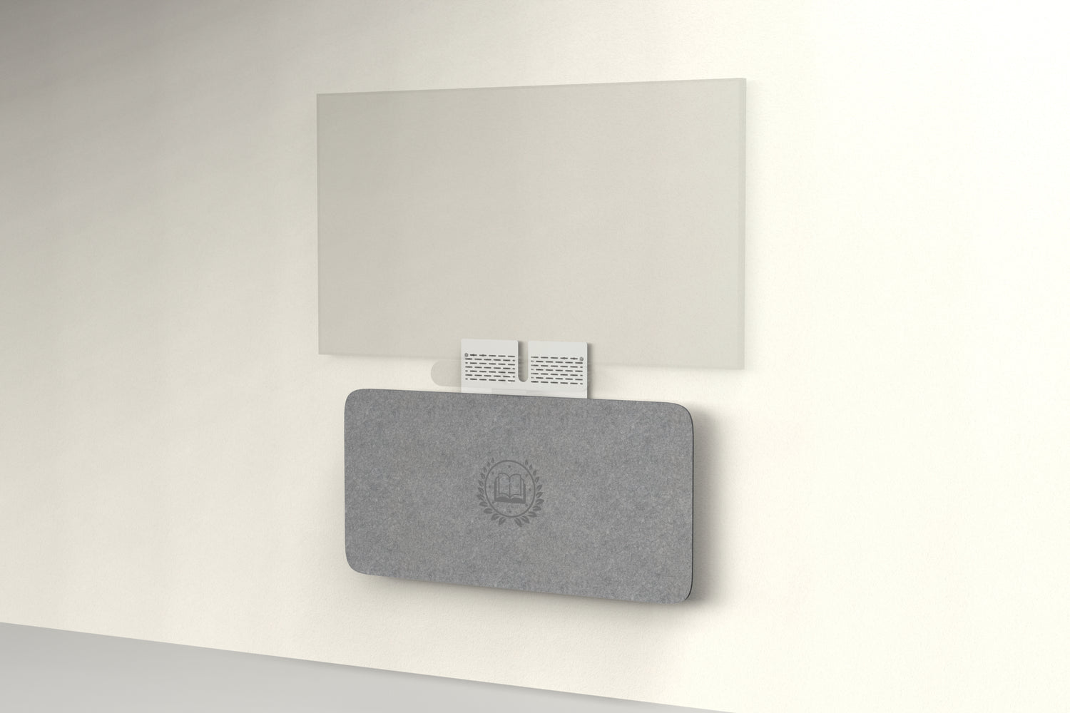 Heckler Credenza Neo in Armor with custom logo — wall-mounted AV credenza with branded charcoal gray acoustic felt panel concealing components below a display.