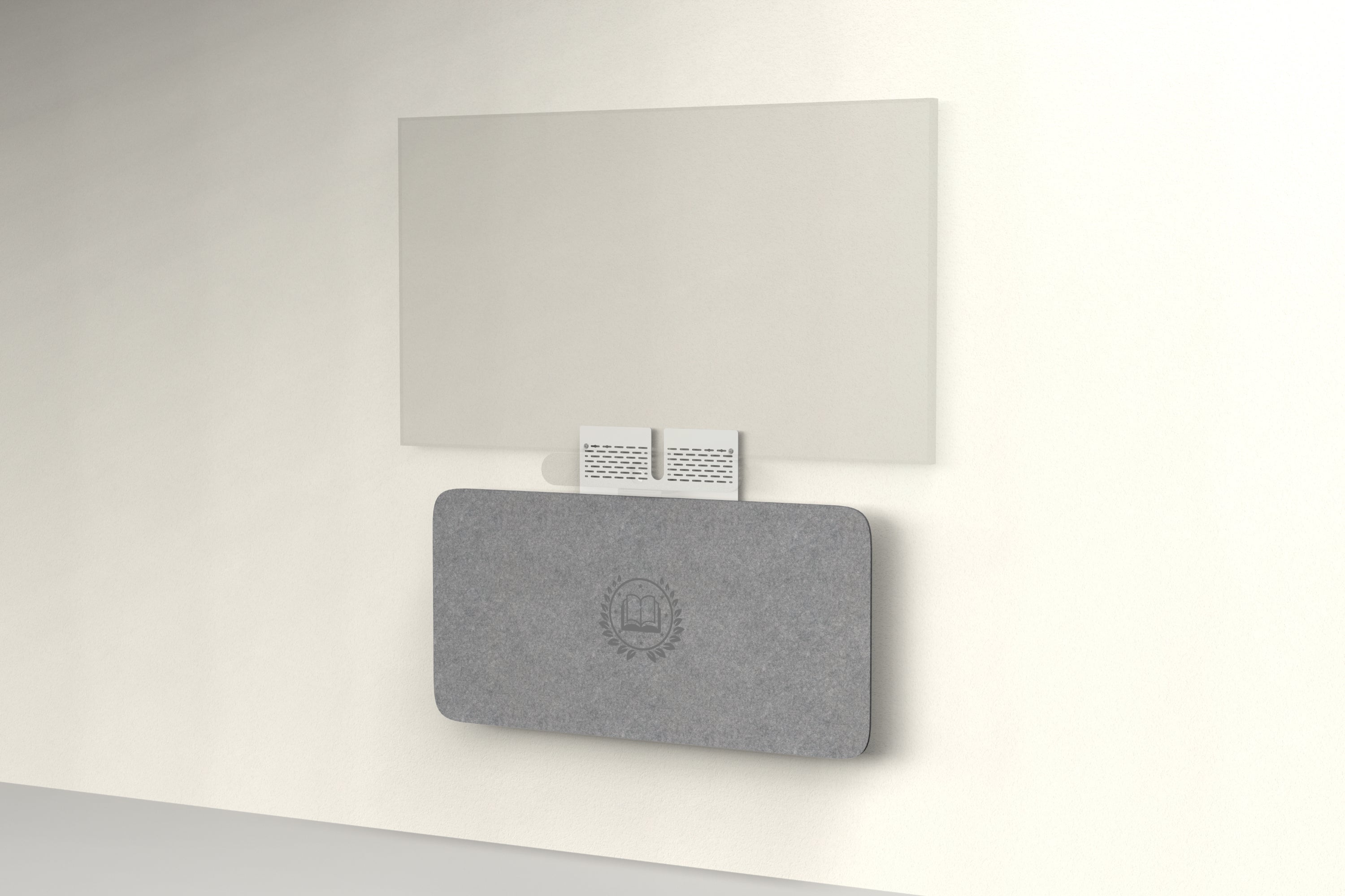 Heckler Credenza Neo in Armor with custom logo — wall-mounted AV credenza with branded charcoal gray acoustic felt panel concealing components below a display.