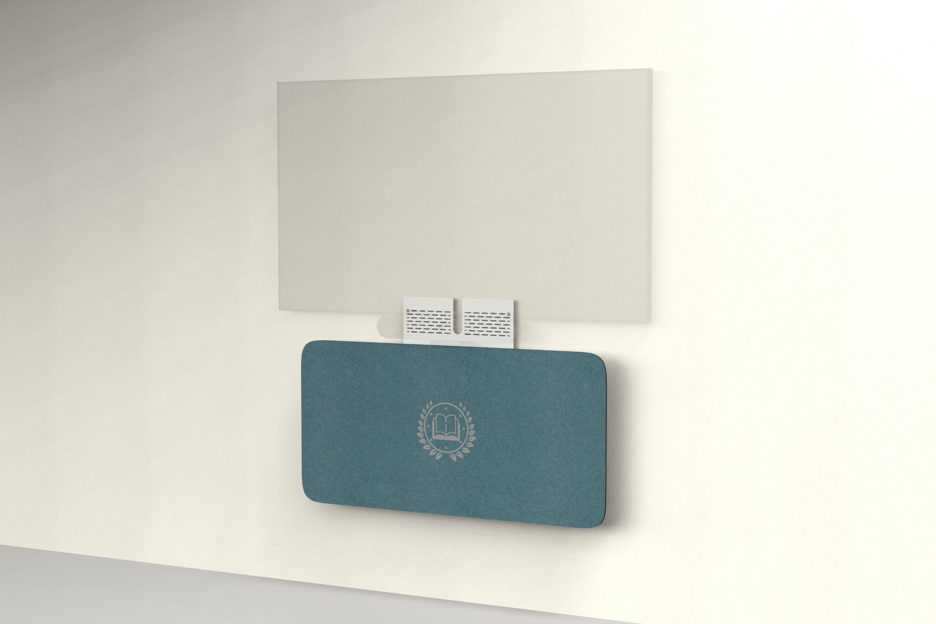 Heckler Credenza Neo in Atlantic with custom logo — wall-mounted AV credenza with branded atlantic blue acoustic felt panel concealing components below a display.