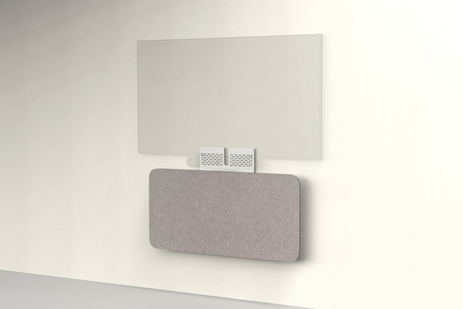Heckler Credenza Neo in Ash — wall-mounted AV credenza with ash gray acoustic felt panel concealing components below a display.