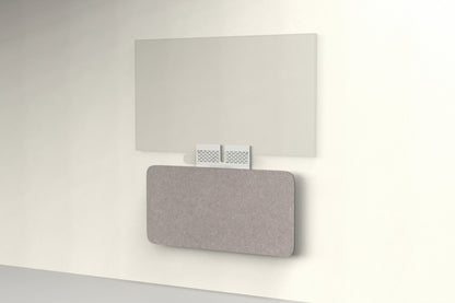 Heckler Credenza Neo in Ash — wall-mounted AV credenza with ash gray acoustic felt panel concealing components below a display.