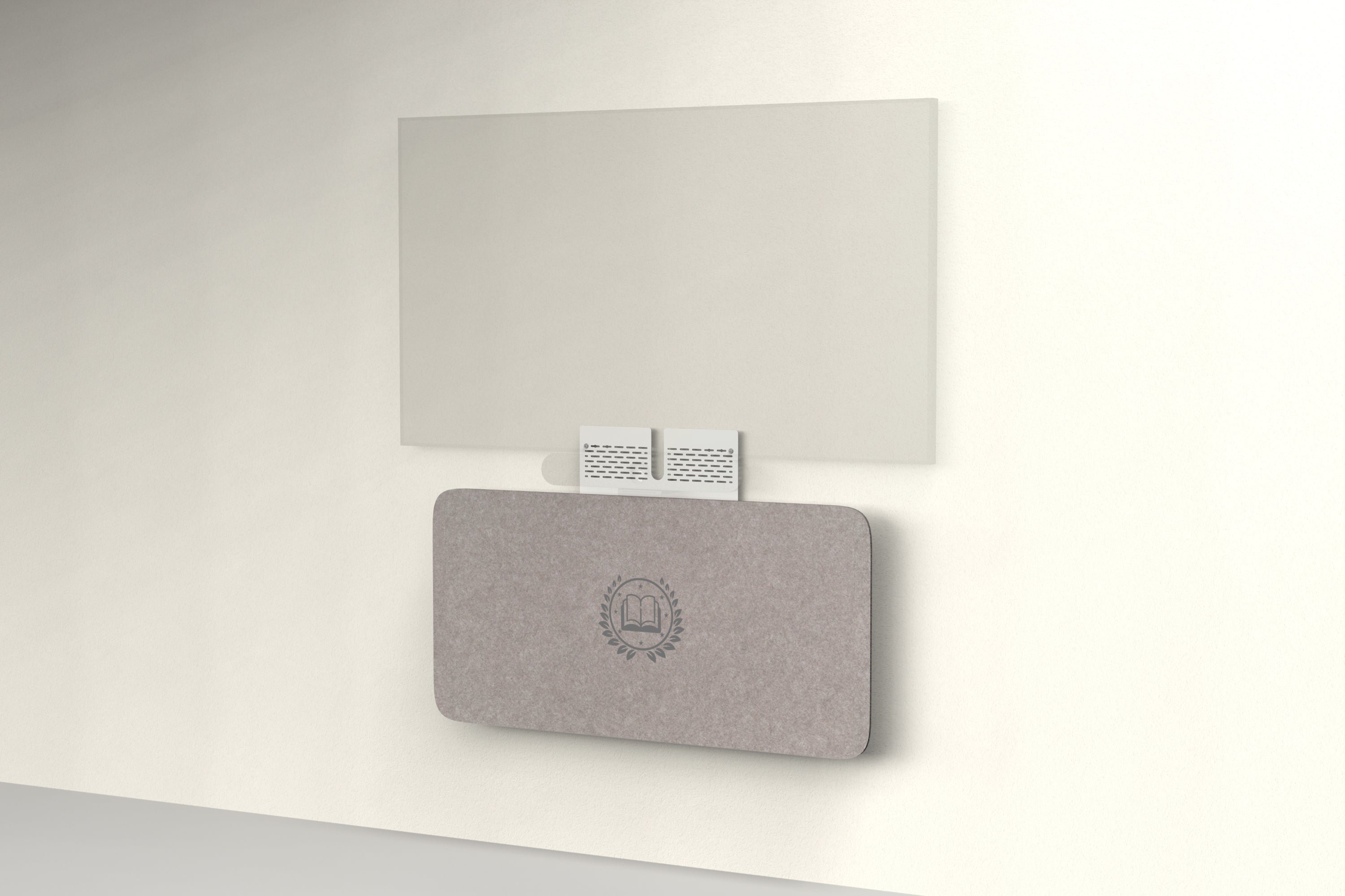 Heckler Credenza Neo in Ash with custom logo — wall-mounted AV credenza with branded ash gray acoustic felt panel concealing components below a display.