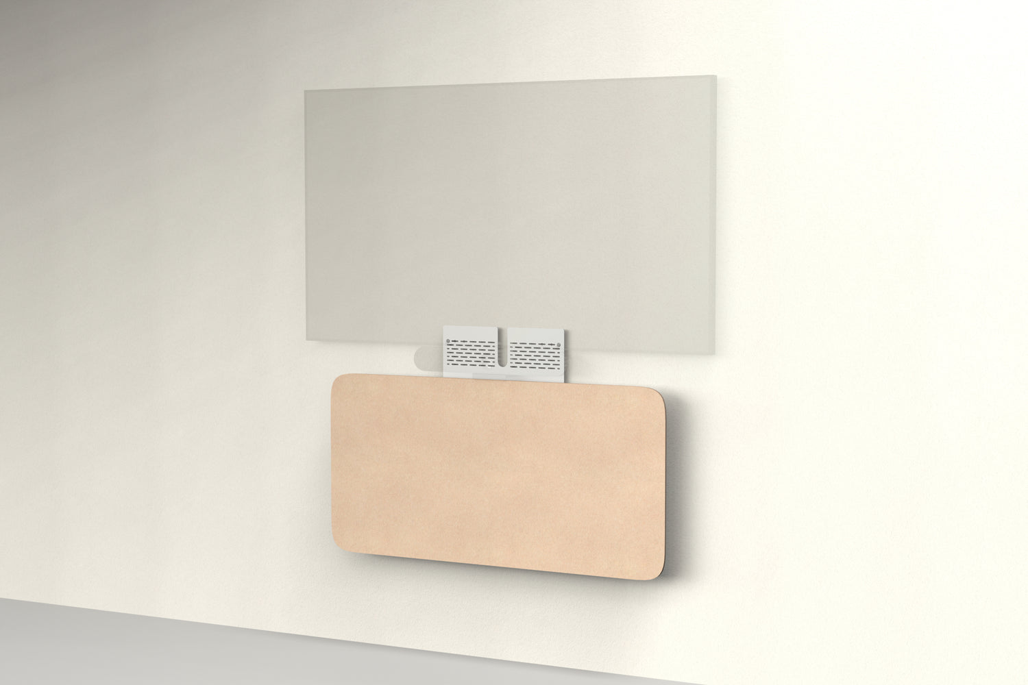 Heckler Credenza Neo in Cashmere — wall-mounted AV credenza with cashmere beige acoustic felt panel concealing components below a display.