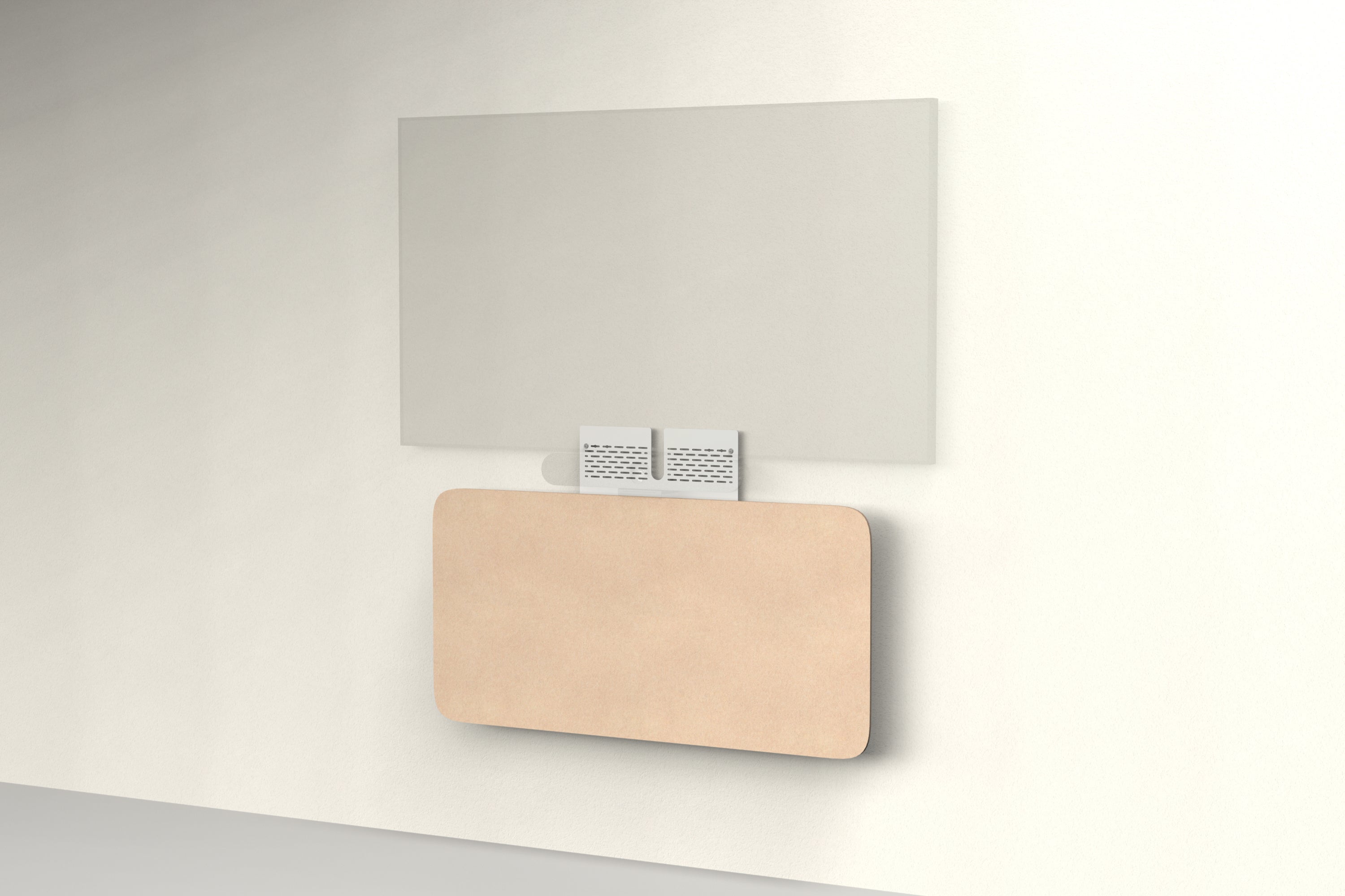 Heckler Credenza Neo in Cashmere — wall-mounted AV credenza with cashmere beige acoustic felt panel concealing components below a display.
