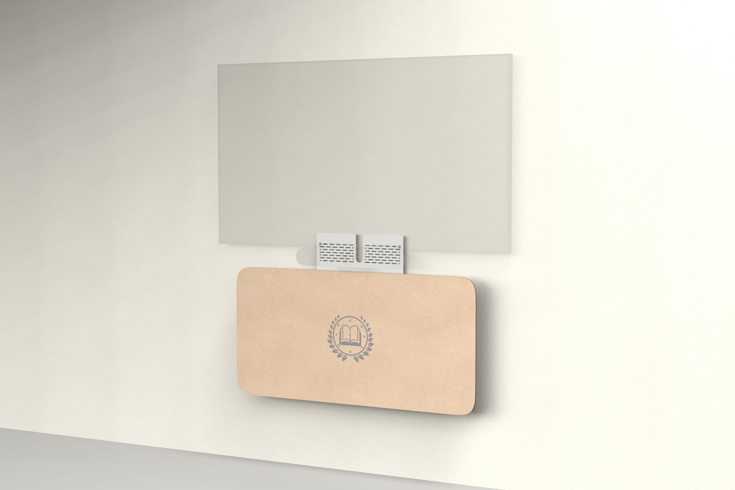 Heckler Credenza Neo in Cashmere with custom logo — wall-mounted AV credenza with branded cashmere beige acoustic felt panel concealing components below a display.