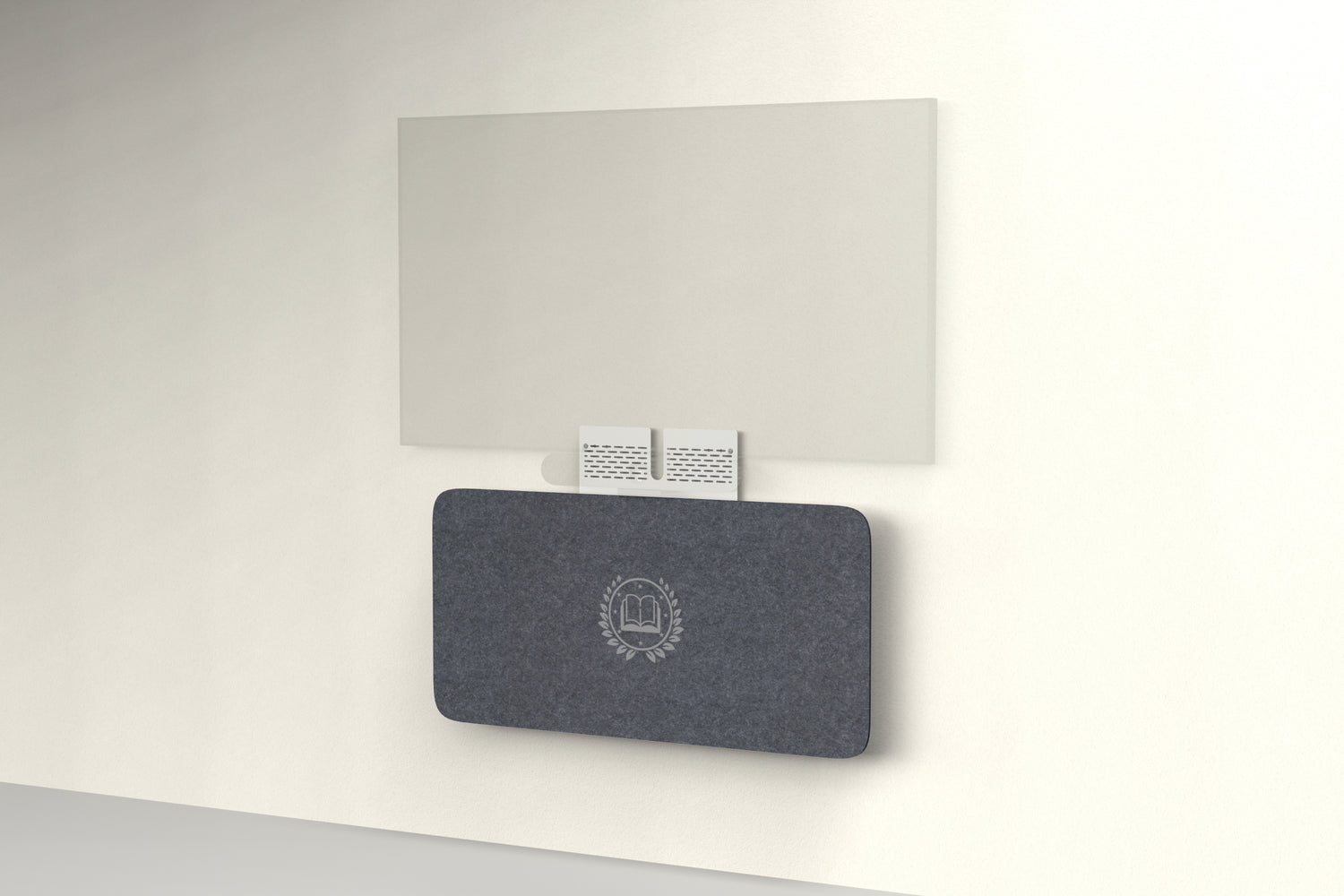 Heckler Credenza Neo in Cast with custom logo — wall-mounted AV credenza with branded cast gray acoustic felt panel concealing components below a display.