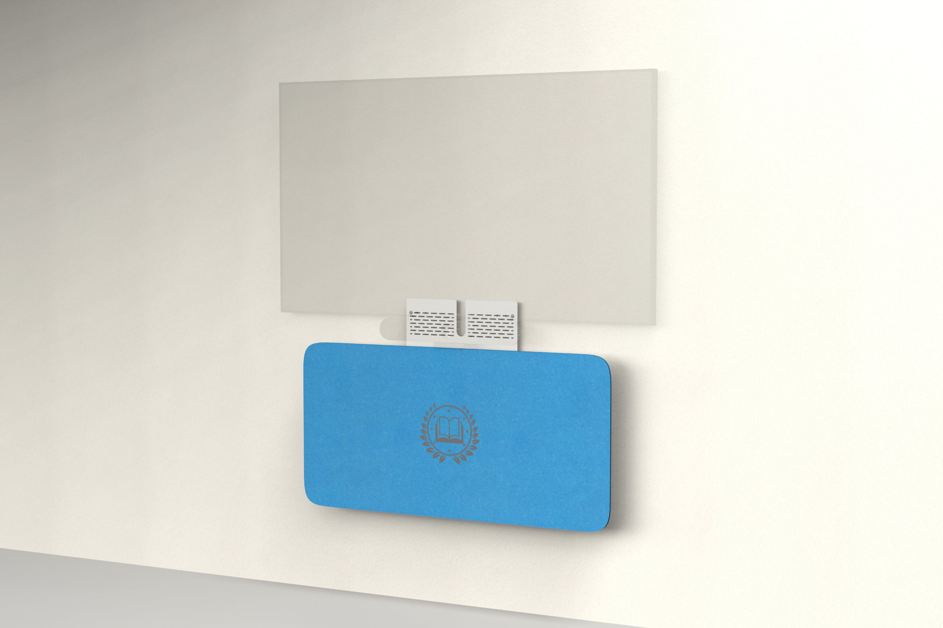 Heckler Credenza Neo in Cayman with custom logo — wall-mounted AV credenza with branded cayman teal acoustic felt panel concealing components below a display.