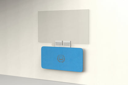 Heckler Credenza Neo in Cayman with custom logo — wall-mounted AV credenza with branded cayman teal acoustic felt panel concealing components below a display.