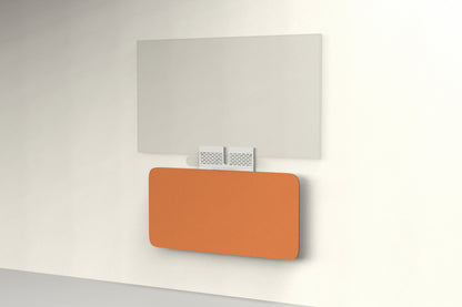 Heckler Credenza Neo in Cinnamon — wall-mounted AV credenza with cinnamon rust acoustic felt panel concealing components below a display.
