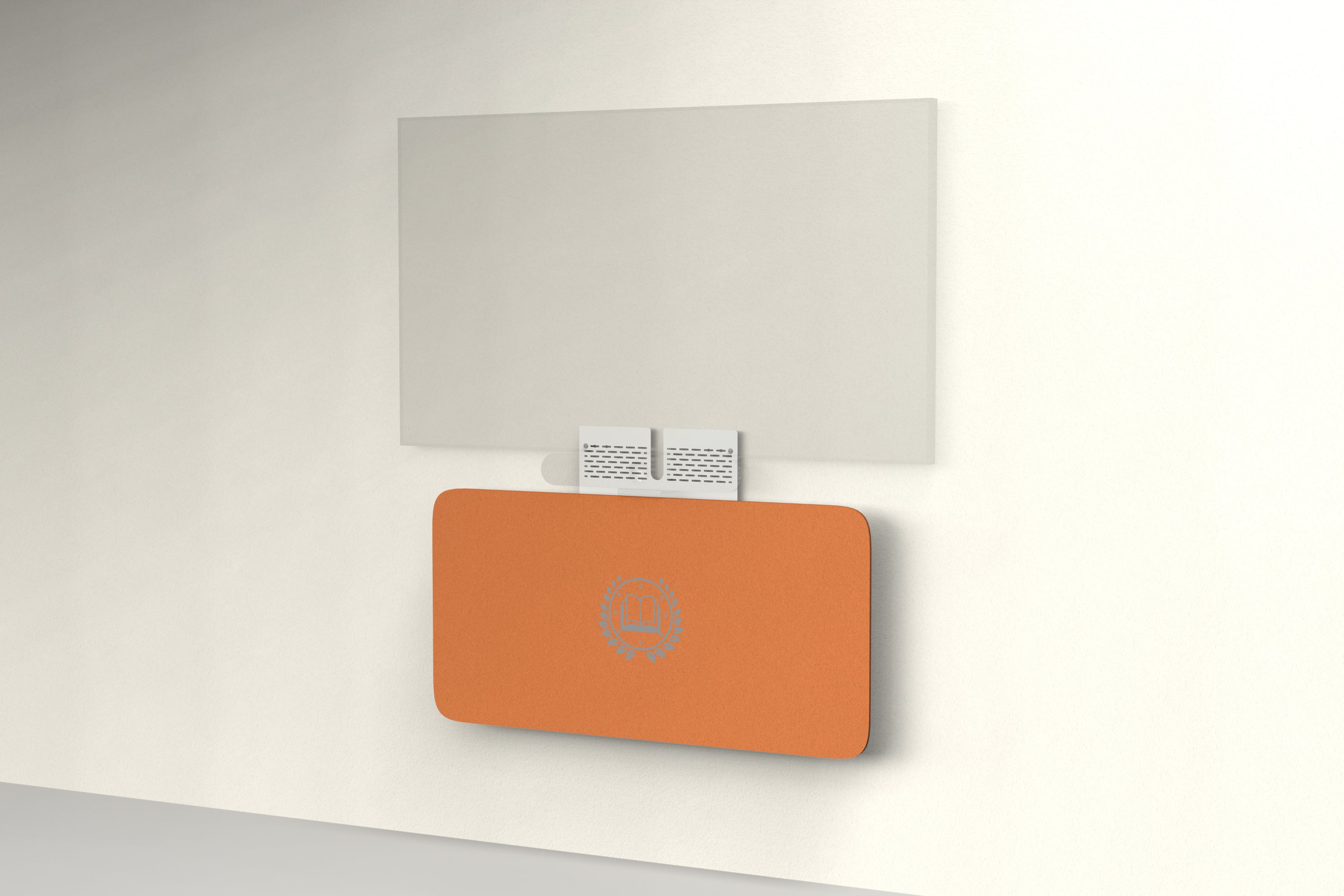 Heckler Credenza Neo in Cinnamon with custom logo — wall-mounted AV credenza with branded cinnamon rust acoustic felt panel concealing components below a display.