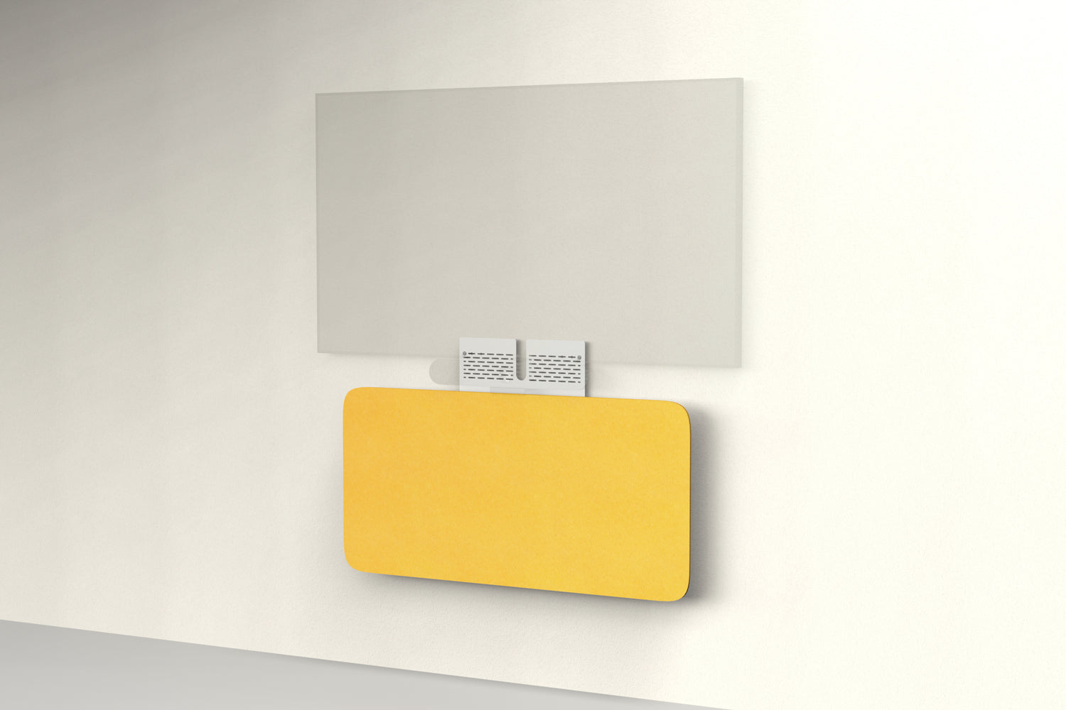 Heckler Credenza Neo in Citrine — wall-mounted AV credenza with citrine yellow acoustic felt panel concealing components below a display.