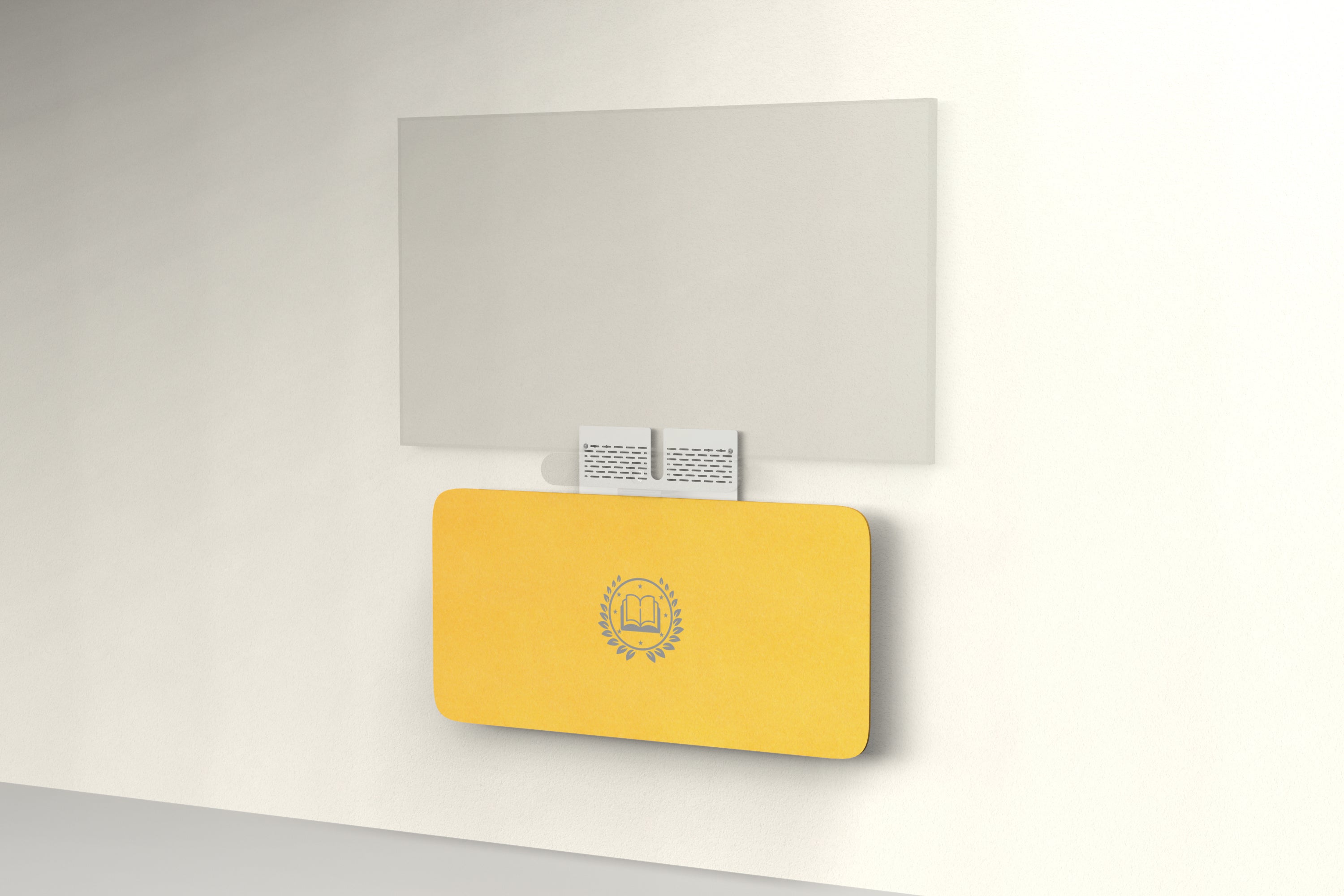 Heckler Credenza Neo in Citrine with custom logo — wall-mounted AV credenza with branded citrine yellow acoustic felt panel concealing components below a display.