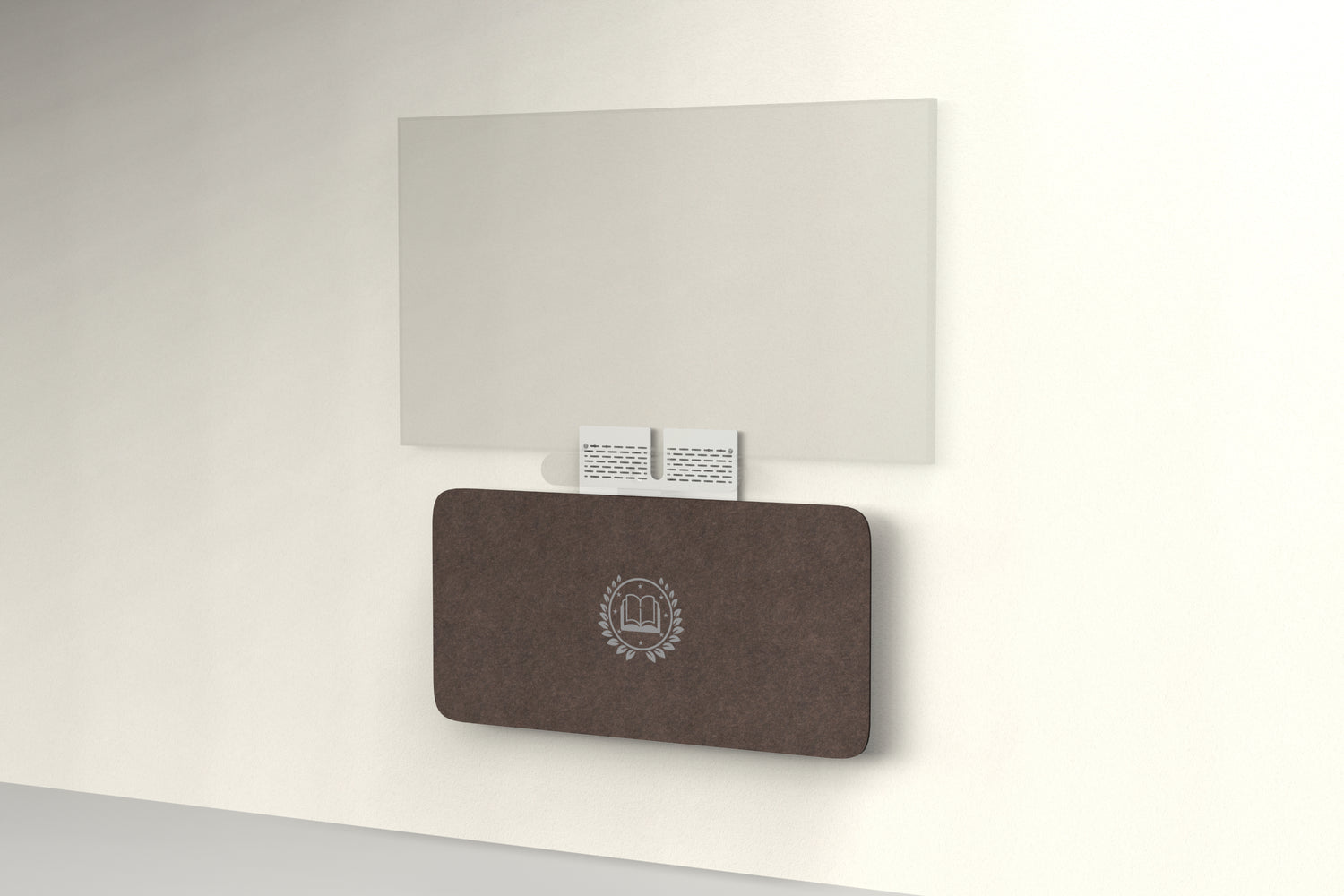 Heckler Credenza Neo in Cocoa with custom logo — wall-mounted AV credenza with branded cocoa brown acoustic felt panel concealing components below a display.