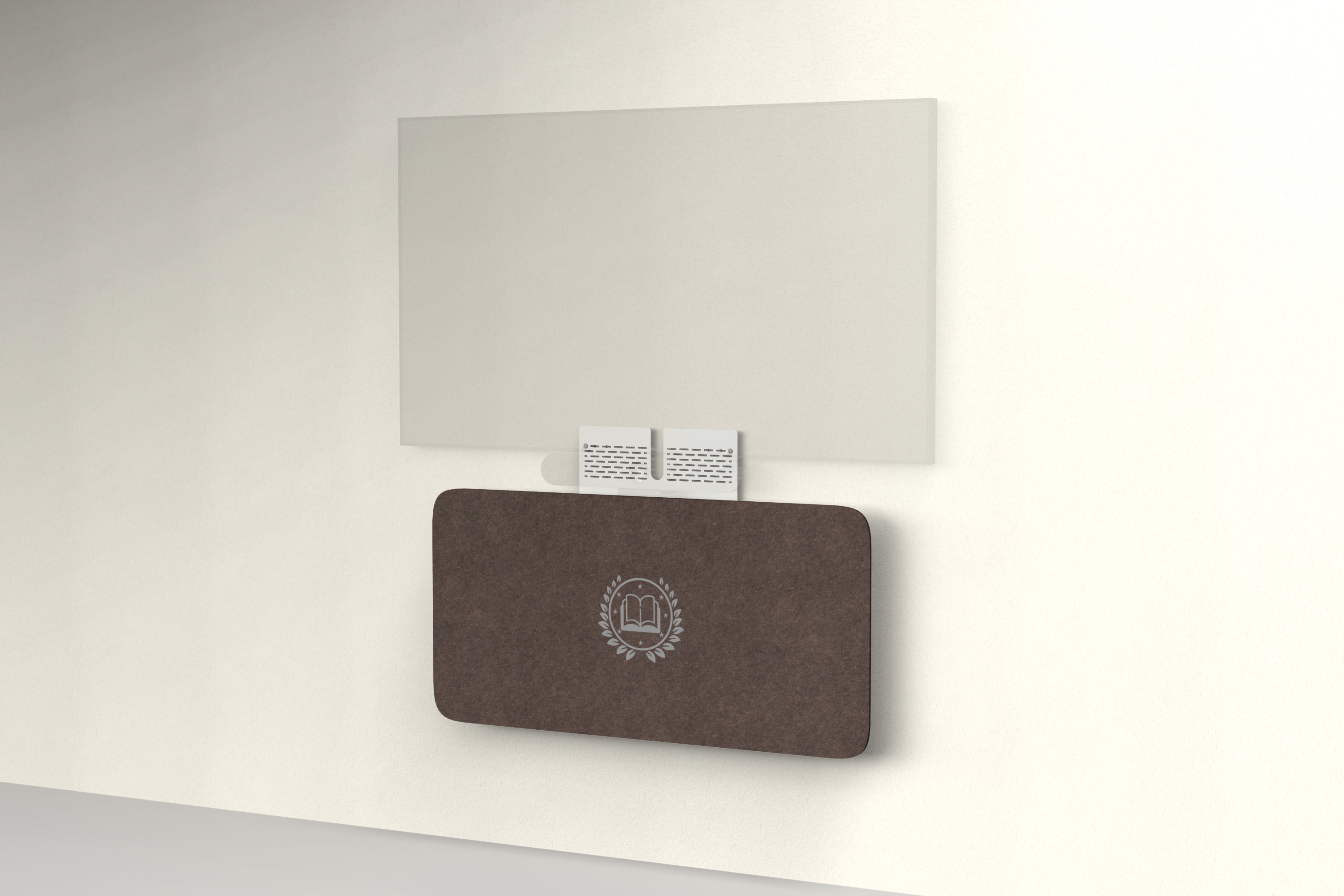 Heckler Credenza Neo in Cocoa with custom logo — wall-mounted AV credenza with branded cocoa brown acoustic felt panel concealing components below a display.