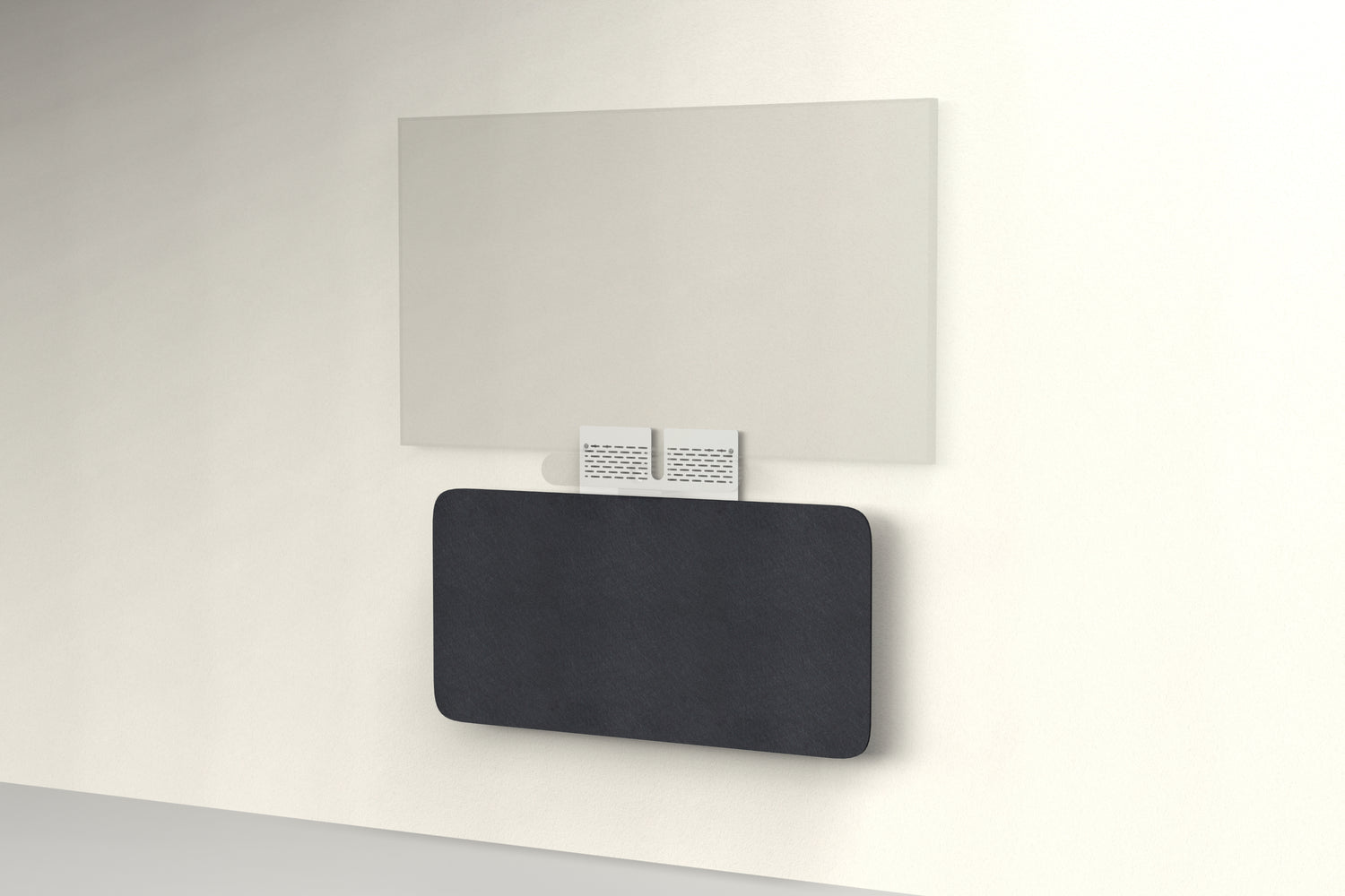 Heckler Credenza Neo in Ebony — wall-mounted AV credenza with ebony black acoustic felt panel concealing components below a display.