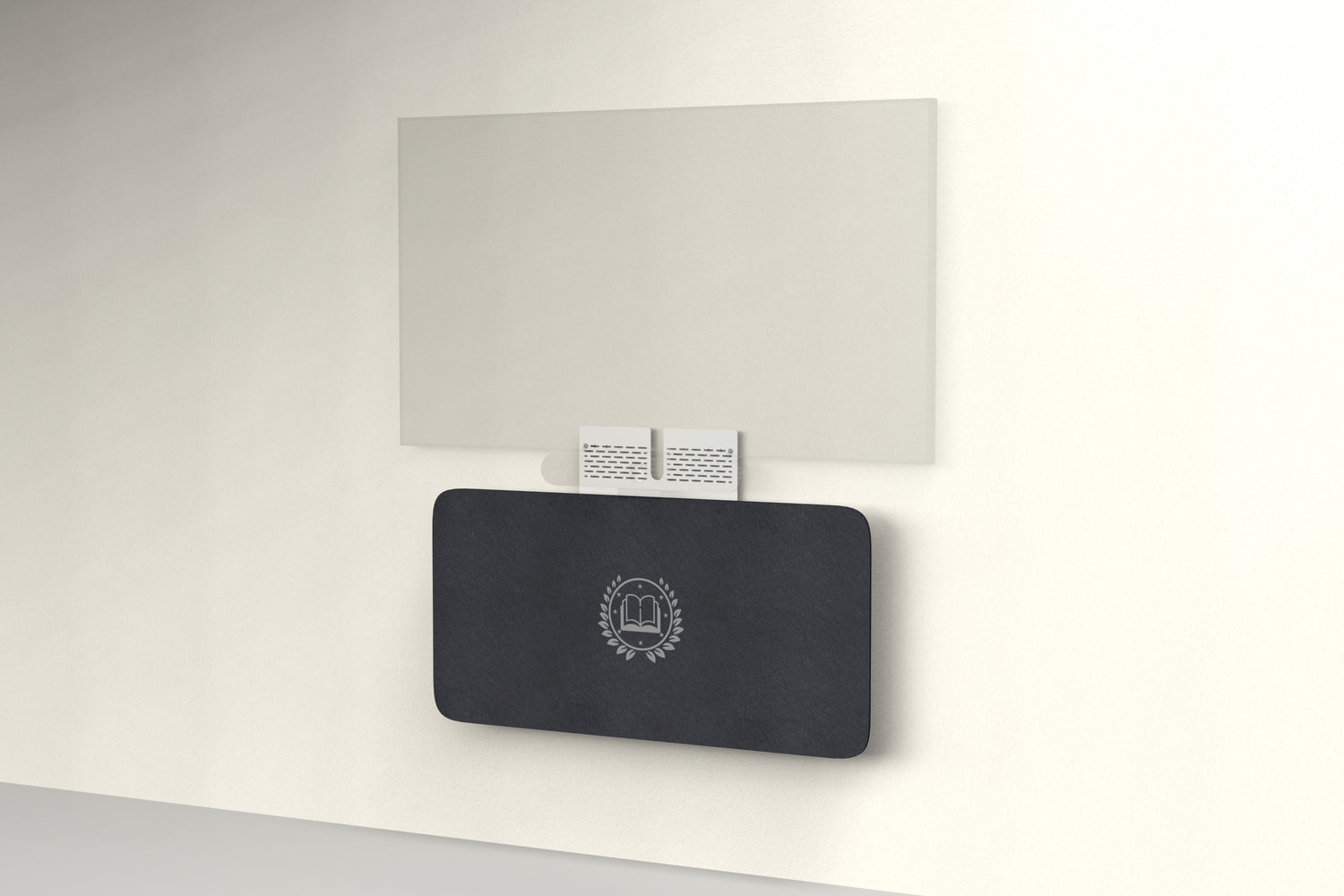 Heckler Credenza Neo in Ebony with custom logo — wall-mounted AV credenza with branded ebony black acoustic felt panel concealing components below a display.