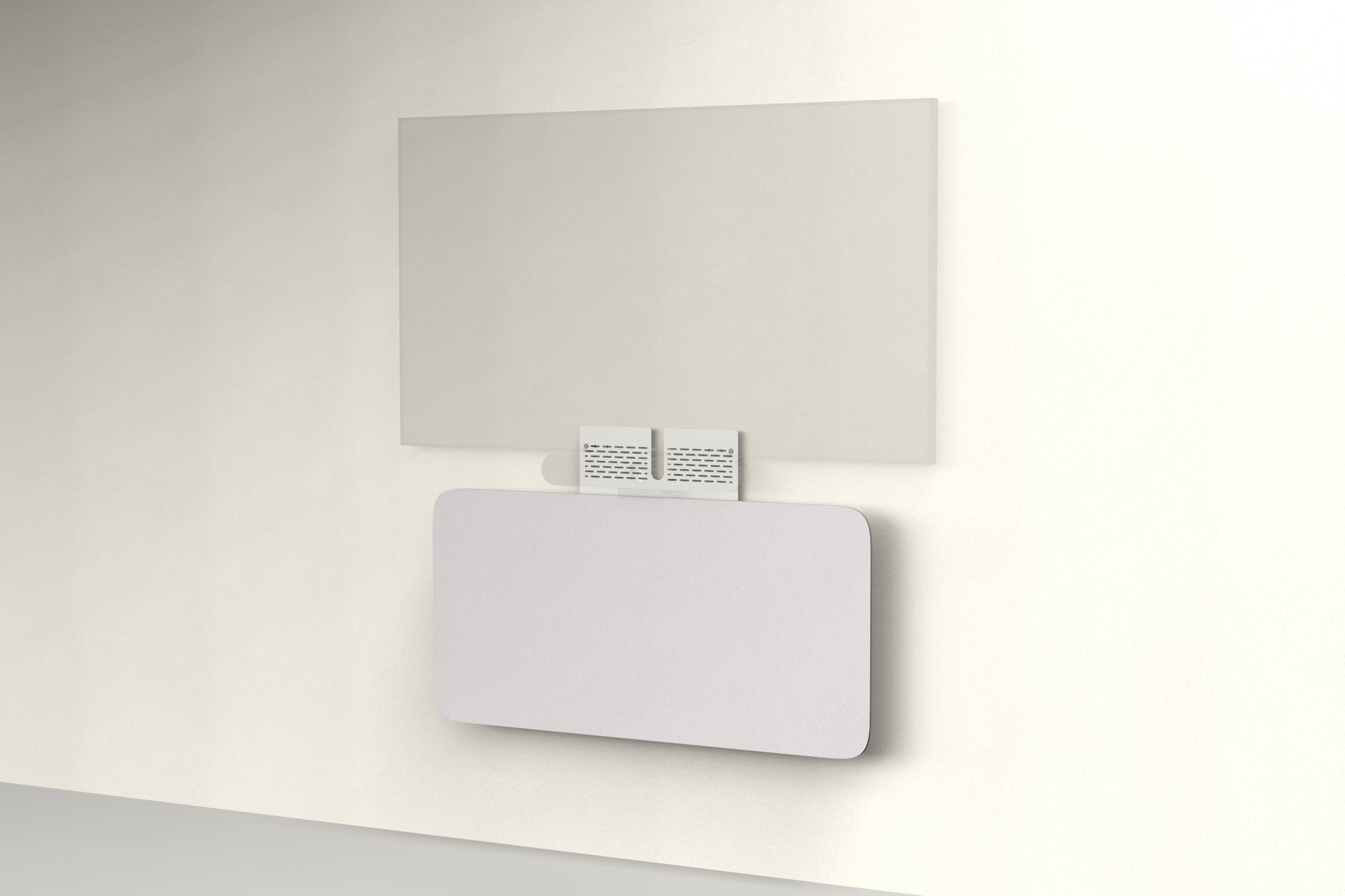 Heckler Credenza Neo in Fog — wall-mounted AV credenza with fog gray acoustic felt panel concealing components below a display.