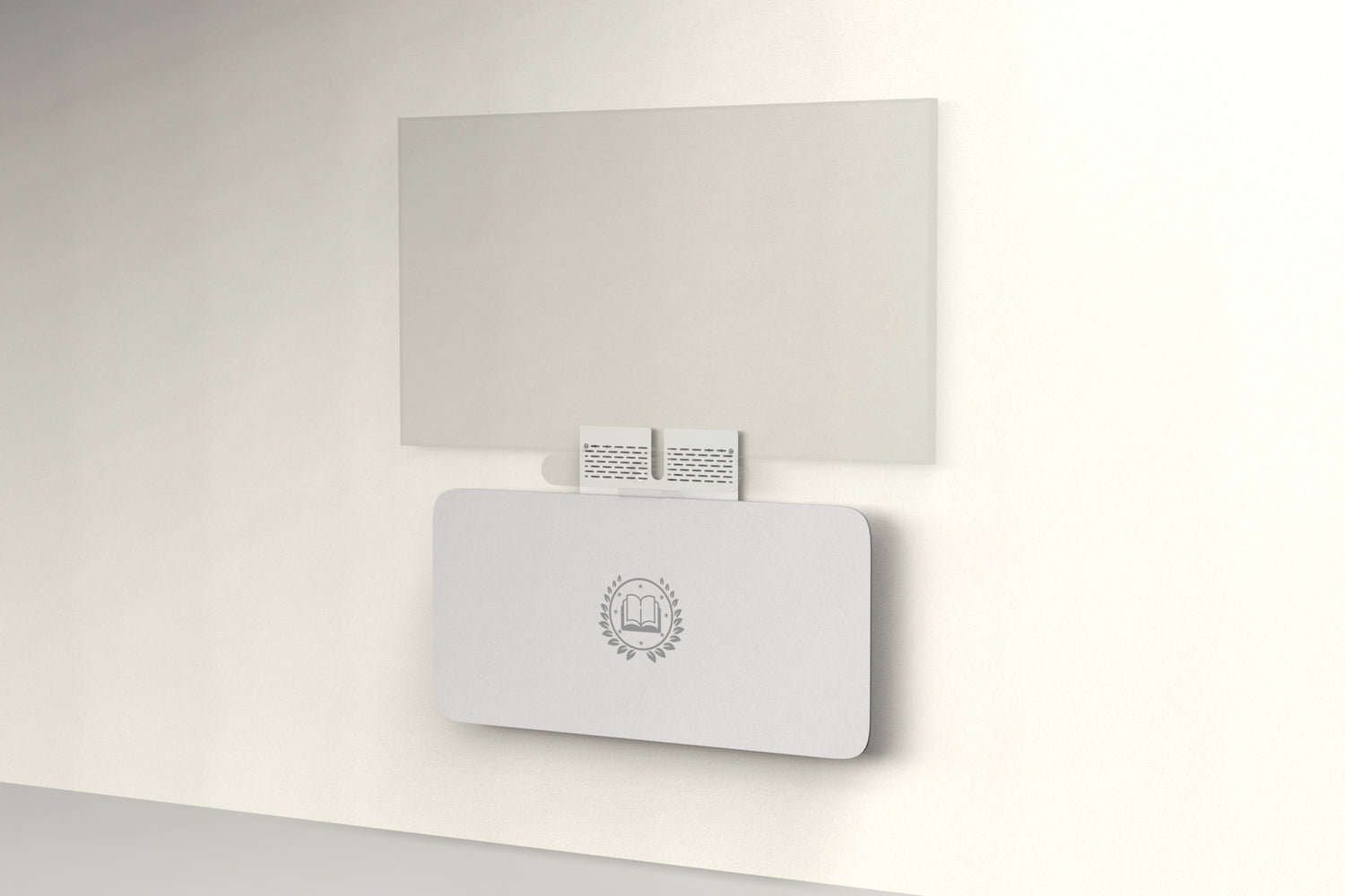 Heckler Credenza Neo in Fog with custom logo — wall-mounted AV credenza with branded fog gray acoustic felt panel concealing components below a display.
