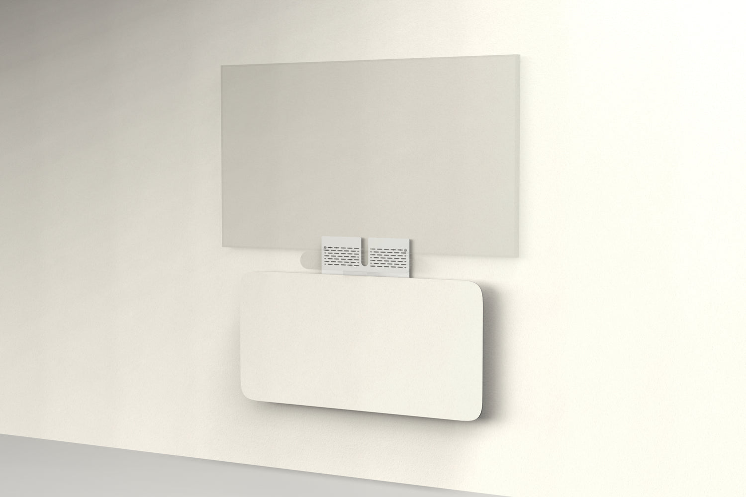 Heckler Credenza Neo in Ivory — wall-mounted AV credenza with ivory acoustic felt panel concealing components below a display.