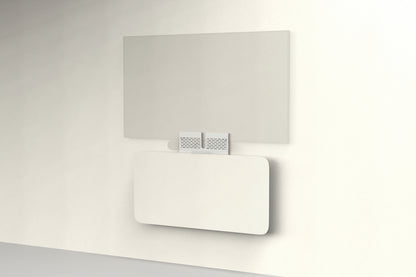 Heckler Credenza Neo in Ivory — wall-mounted AV credenza with ivory acoustic felt panel concealing components below a display.