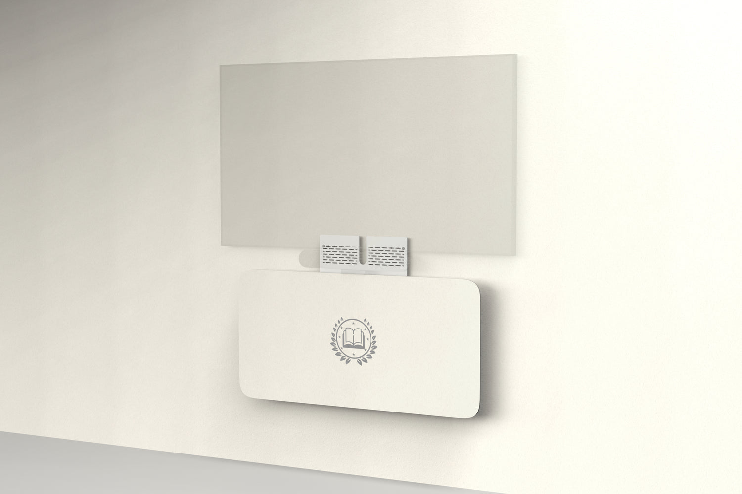 Heckler Credenza Neo in Ivory with custom logo — wall-mounted AV credenza with branded ivory acoustic felt panel concealing components below a display.