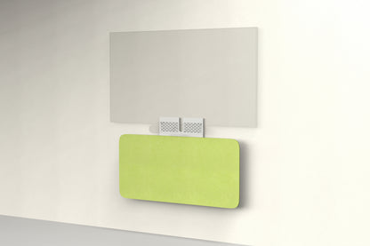 Heckler Credenza Neo in Kiwi — wall-mounted AV credenza with kiwi green acoustic felt panel concealing components below a display.