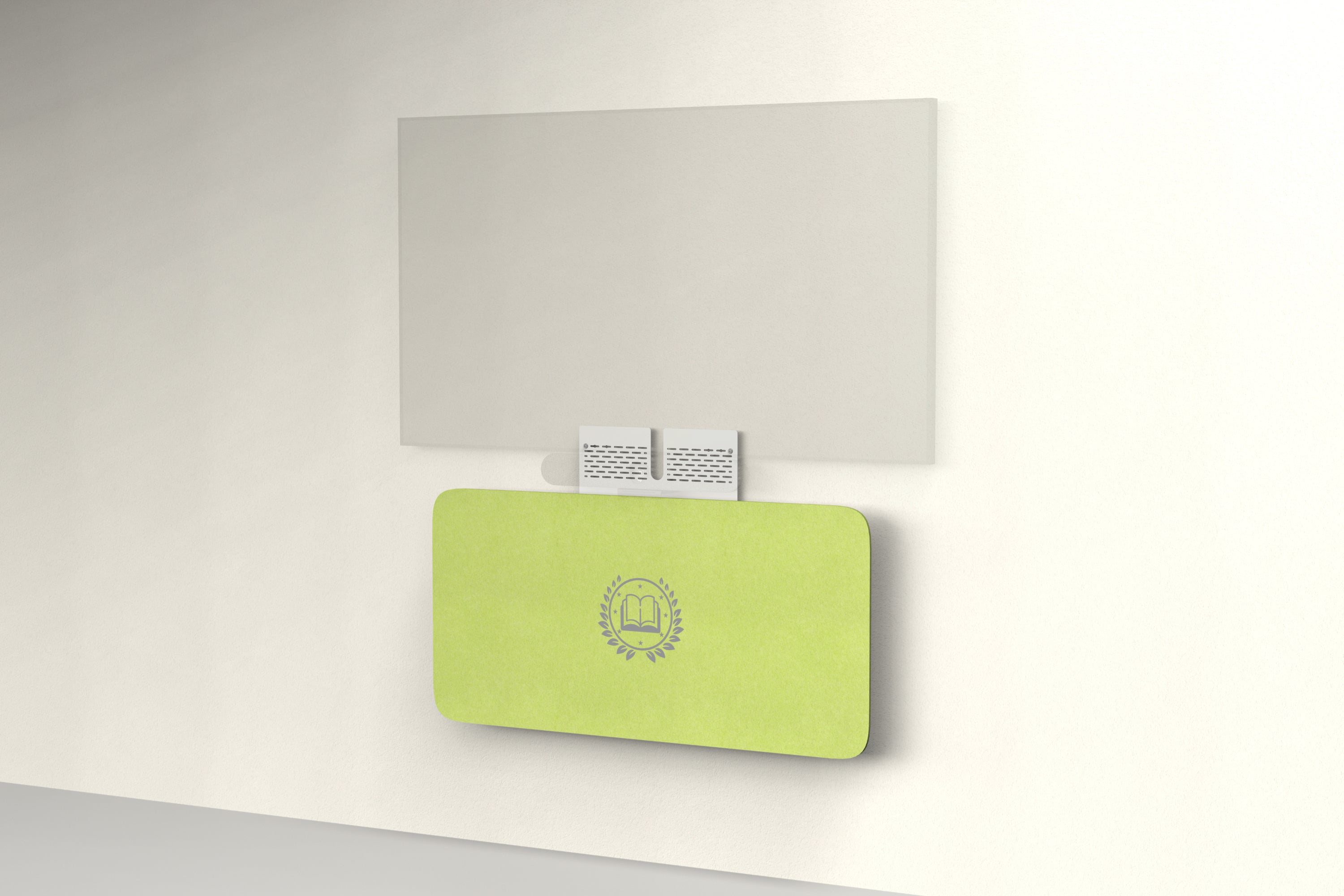 Heckler Credenza Neo in Kiwi with custom logo — wall-mounted AV credenza with branded kiwi green acoustic felt panel concealing components below a display.
